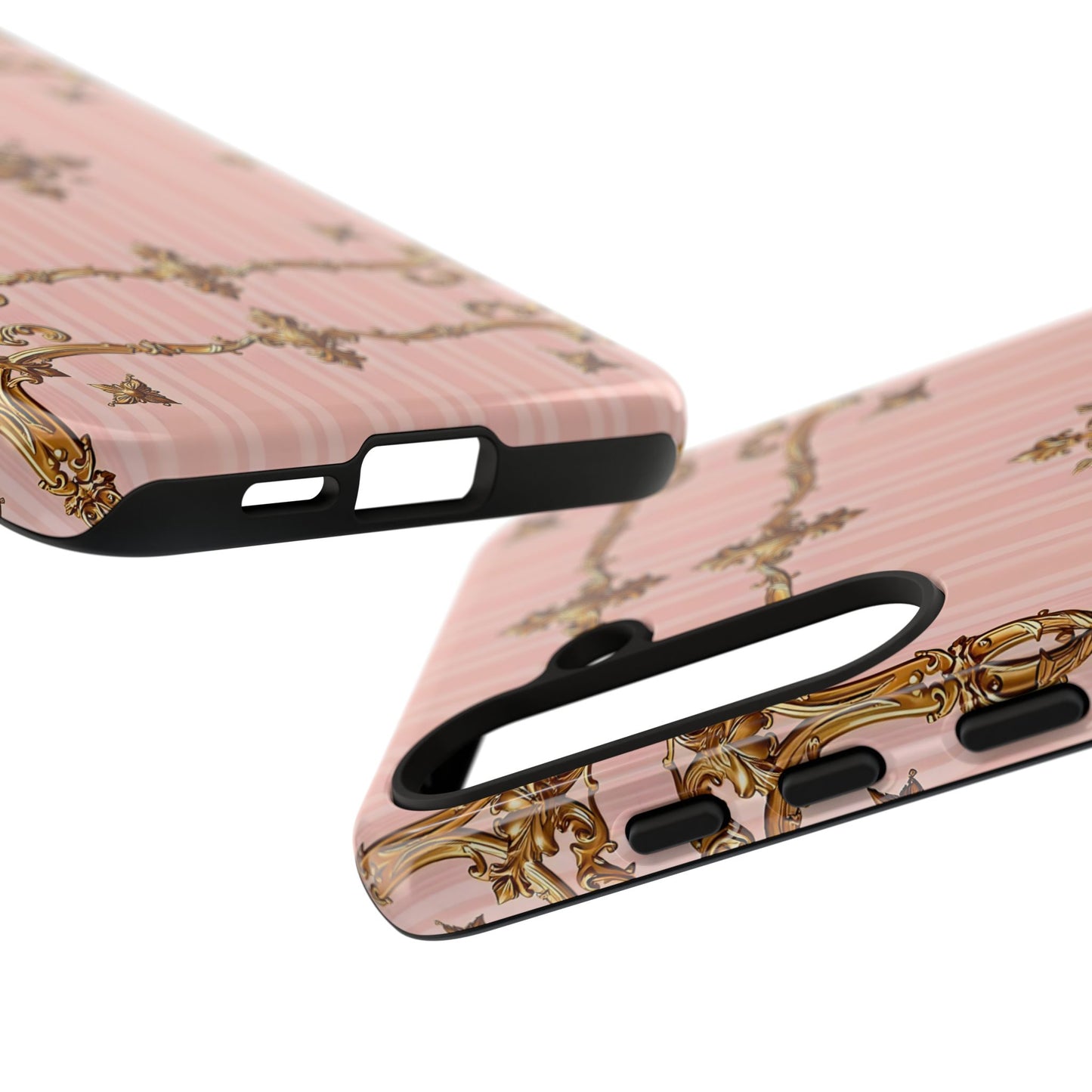 Elegant Floral Phone Case, Tough Cases for Women, Trendy Phone Cover, Chic Gift - Pink Striped Gold Baroque