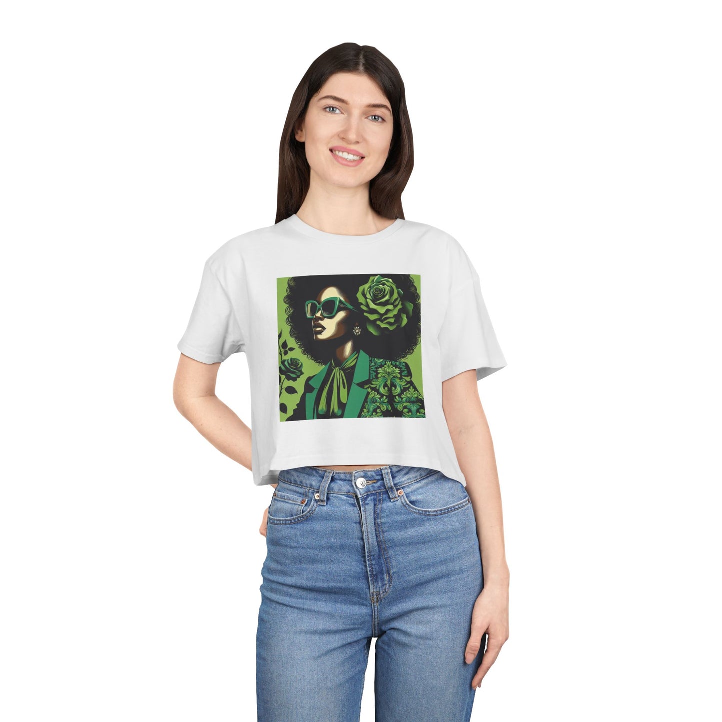 Stylish Women's Crop Tee with Damask Design | Trendy Summer Top, Afro Crop Shirt, Casual Wear, Gift for Her - Lady in Green Damask