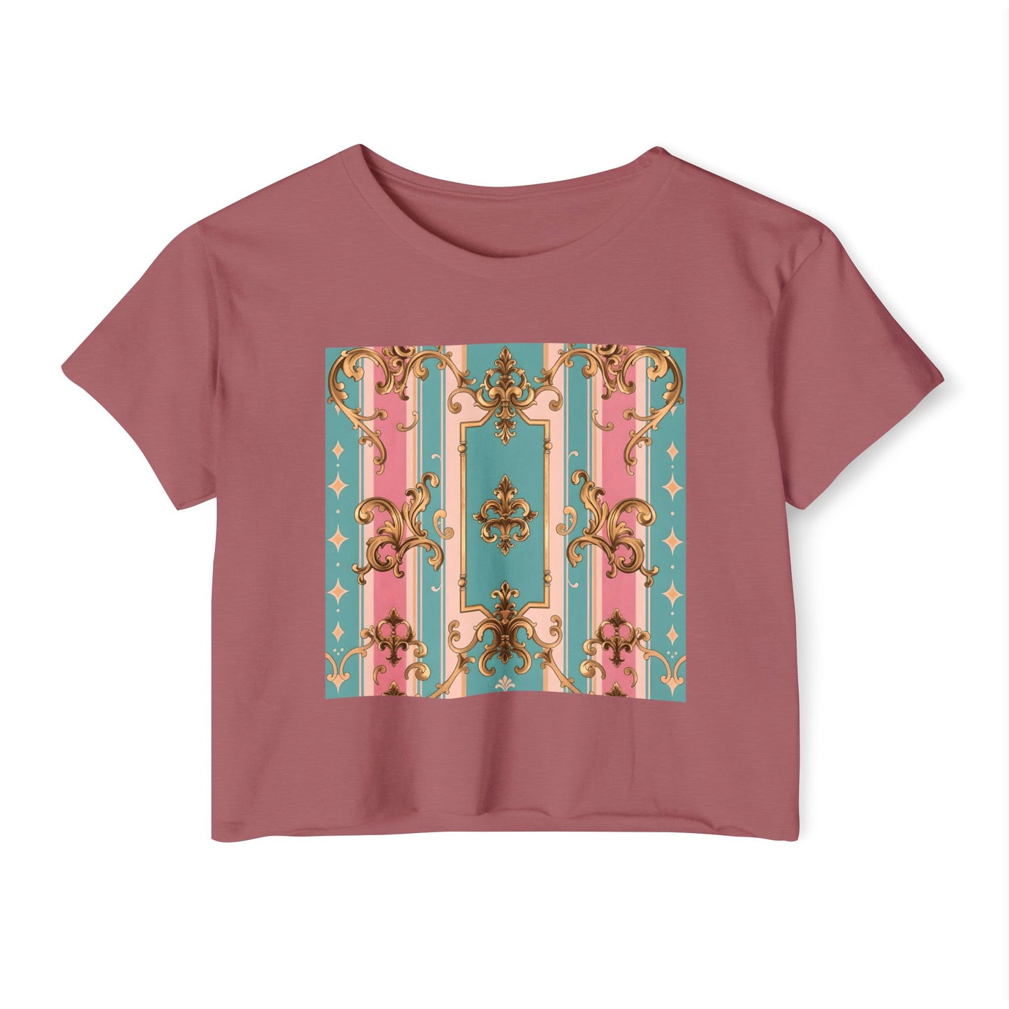 Rococo Festival Crop Top, Summer Crop Tee, Music Festival Clothing, Trendy Women's Fashion - Pink & Matte Turquoise Striped Rococo