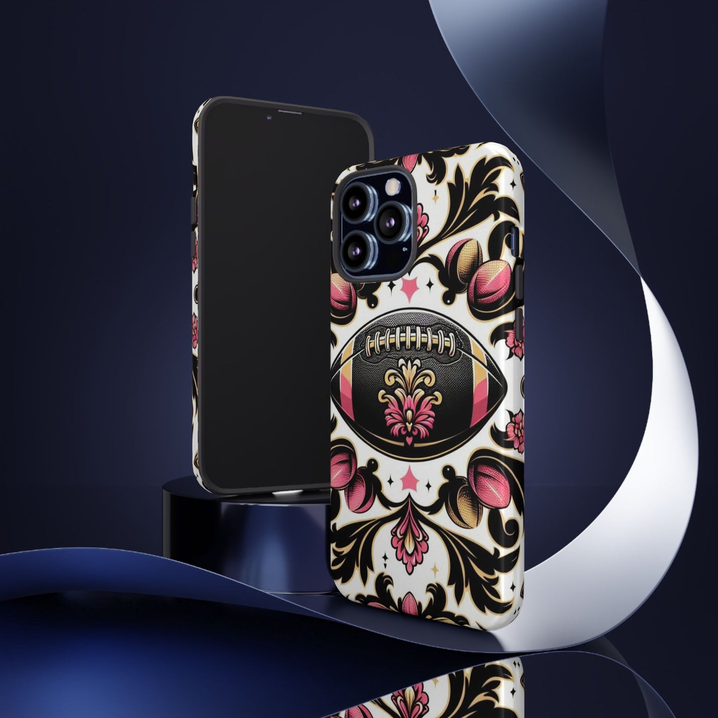 Elegant Floral Motif Phone Case - Tough Cases with Vintage Design - Damask White, Pink Gold & Black Football