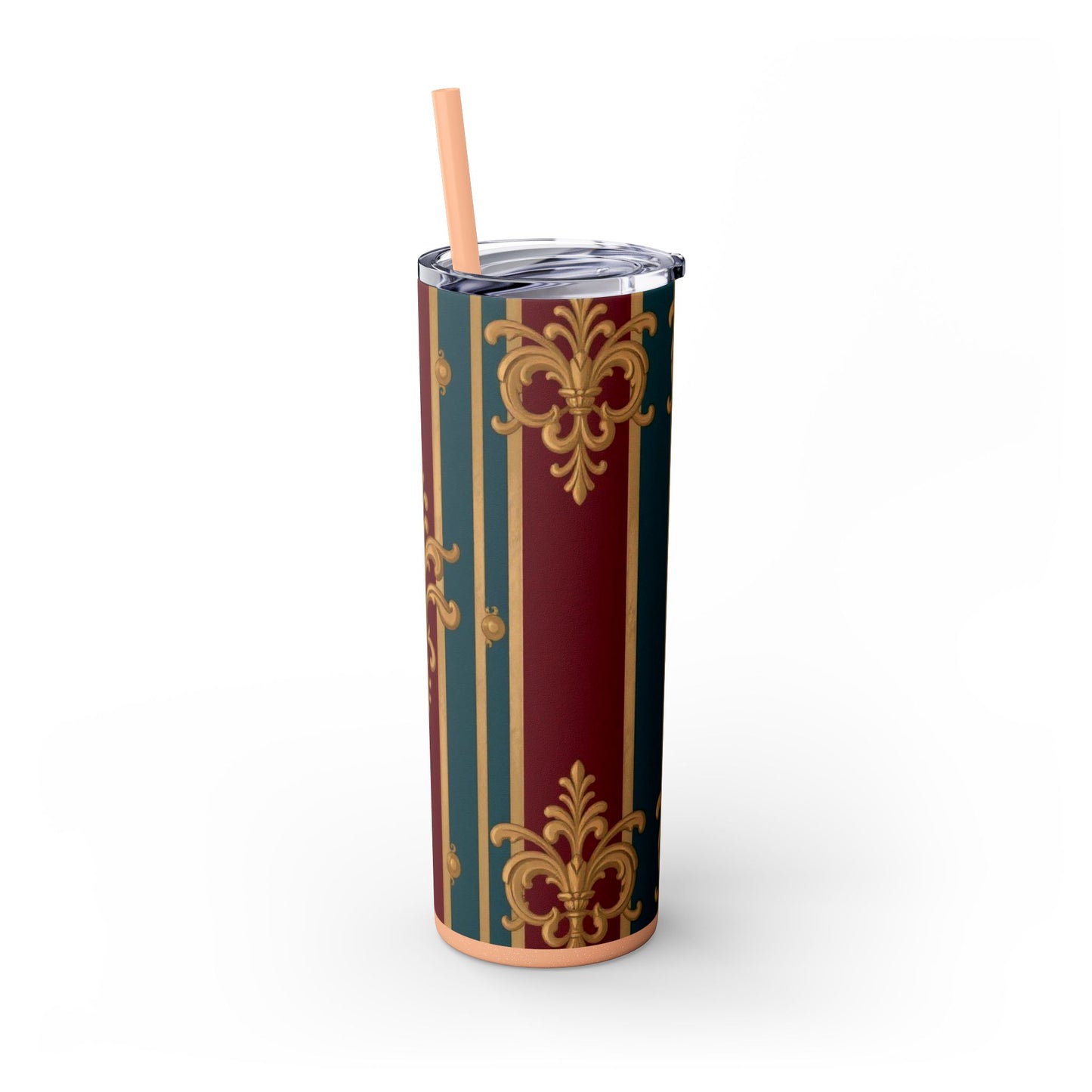 Elegant Vintage Skinny Tumbler with Straw, 20oz | Gold & Burgundy Design | Travel Mug, Gift for Her - Burgundy Striped Gold Baroque
