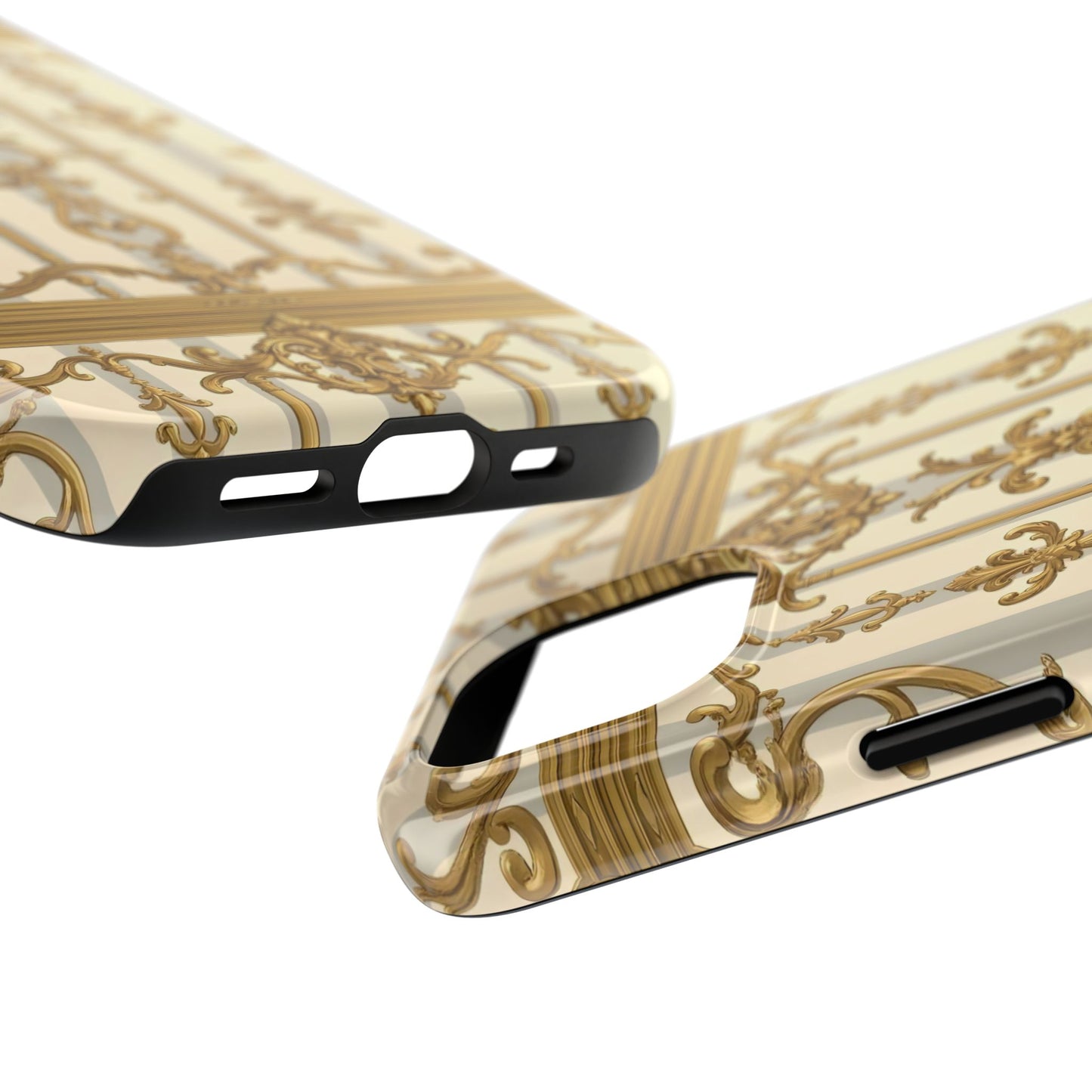 Elegant Gold Pattern Tough Phone Cases | Stylish Phone Covers, Trendy Cell Phone Accessories - Matte Gray & Cream Striped Gold Baroque