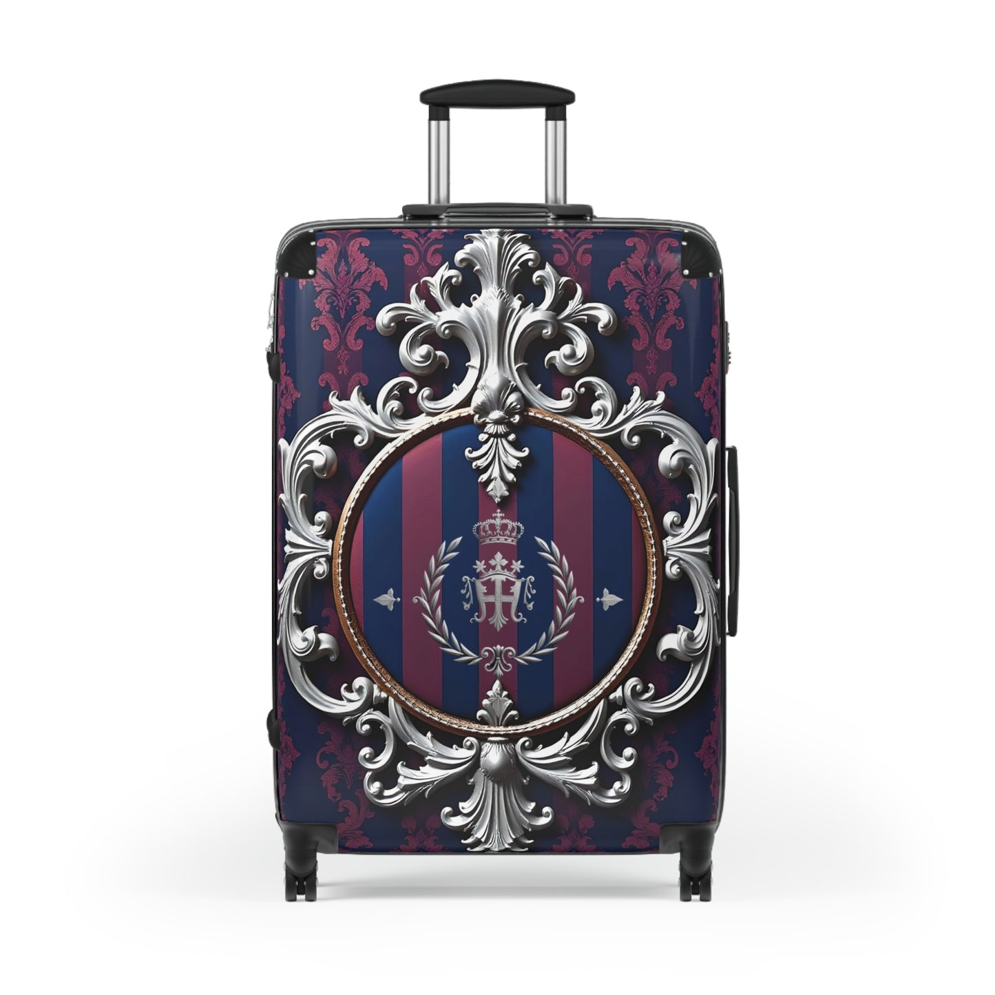 Elegant Suitcase for Travel, Stylish Luggage, Vintage Design Carry-On, Perfect for Adventures, Stylish Getaways - Blue & Plum Striped Silver Crest