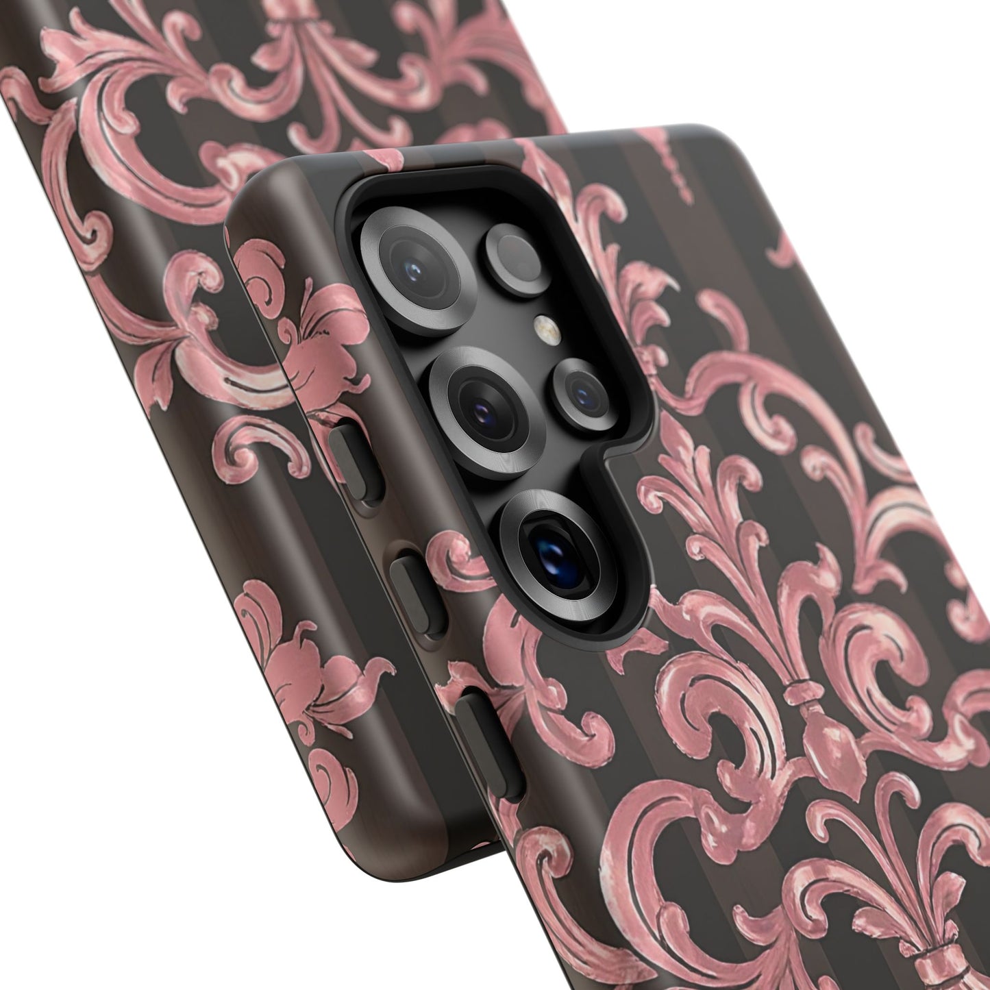 Elegant Floral Motif Phone Case - Tough Cases with Vintage Design - Brown Striped Mauve Damask