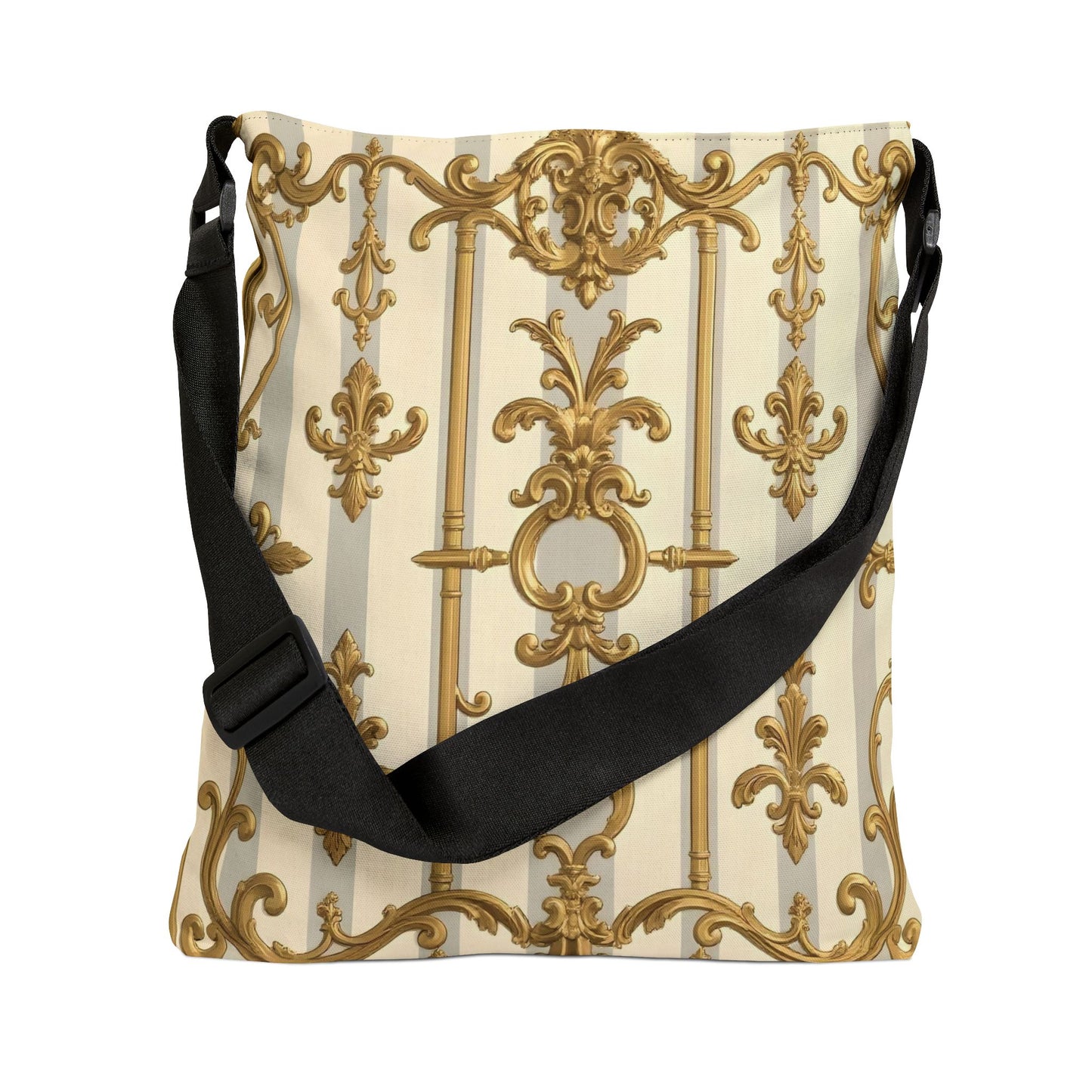 Elegant Gold Pattern Adjustable Tote Bag, Fashion Handbag, Travel Tote, Gift for Her, Everyday Use - Matte Gray & Cream Striped Gold Baroque