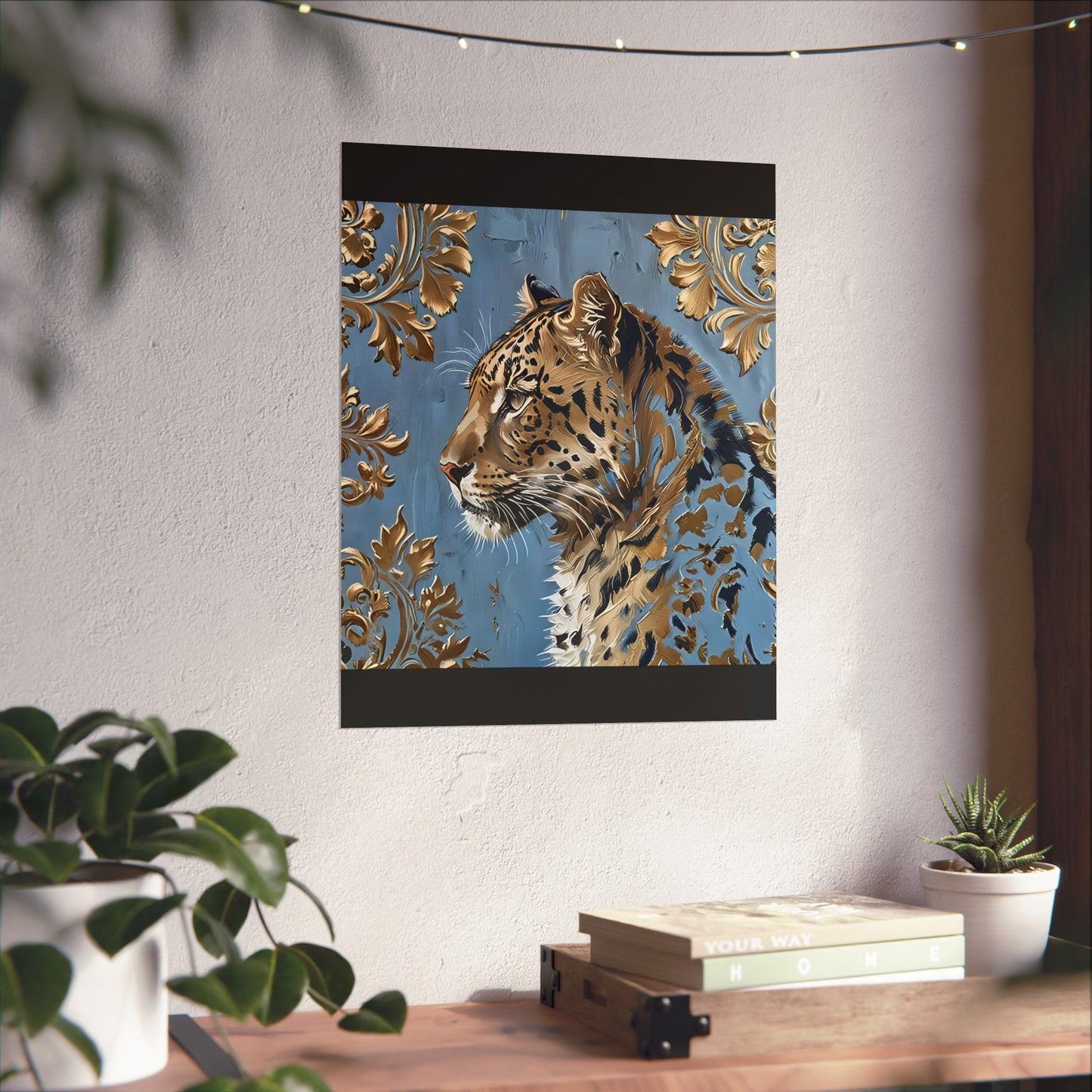 Floral Motif Art Poster - Elegant Matte Vertical Wall Decor - Leopard In Blue & Gold Damask