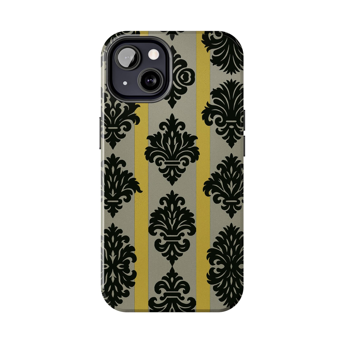 Elegant Baroque Tough Phone Cases | Chic Phone Protection | Gift for Her | Stylish Accessory | Holiday Gift Idea | Silver & Gold Striped Black Baroque