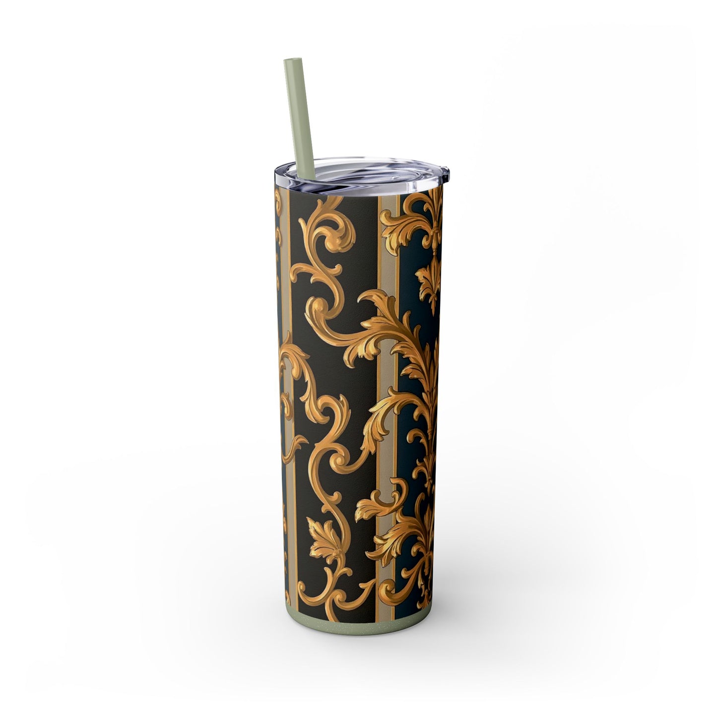 Elegant Gold Floral Skinny Tumbler with Straw, 20oz - Stylish Travel Cup, Gift Idea for Birthdays - Blue & Black Striped Rococo