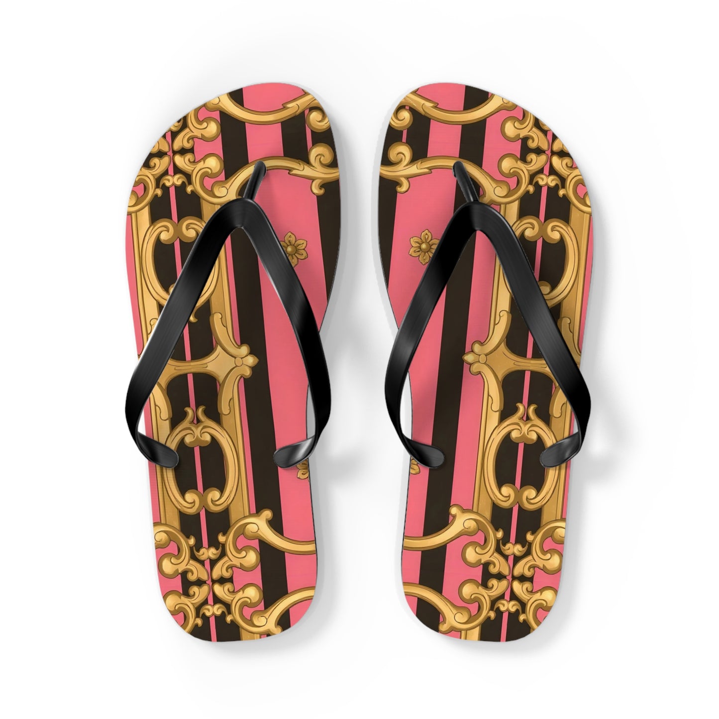 Chic Patterned Flip Flops - Stylish Summer Sandals, Beach Footwear, Pool Slides, Vacation Essentials, Gift for Her - Pink & Black Striped Gold Baroque