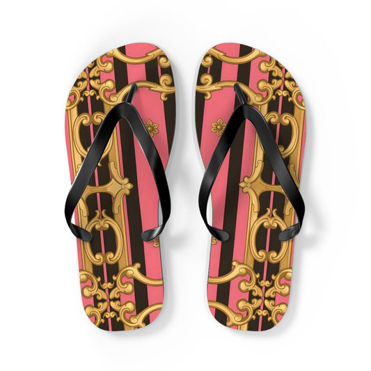 Chic Patterned Flip Flops - Stylish Summer Sandals, Beach Footwear, Pool Slides, Vacation Essentials, Gift for Her - Pink & Black Striped Gold Baroque