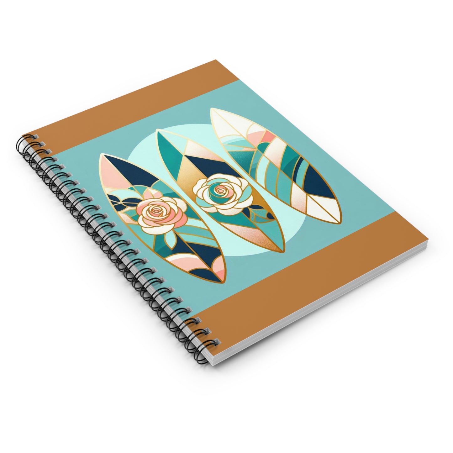 Stylish Surfing Spiral Notebook - Ruled Line with Floral Design - Blue, Pink & Aqua Surfboard & Roses