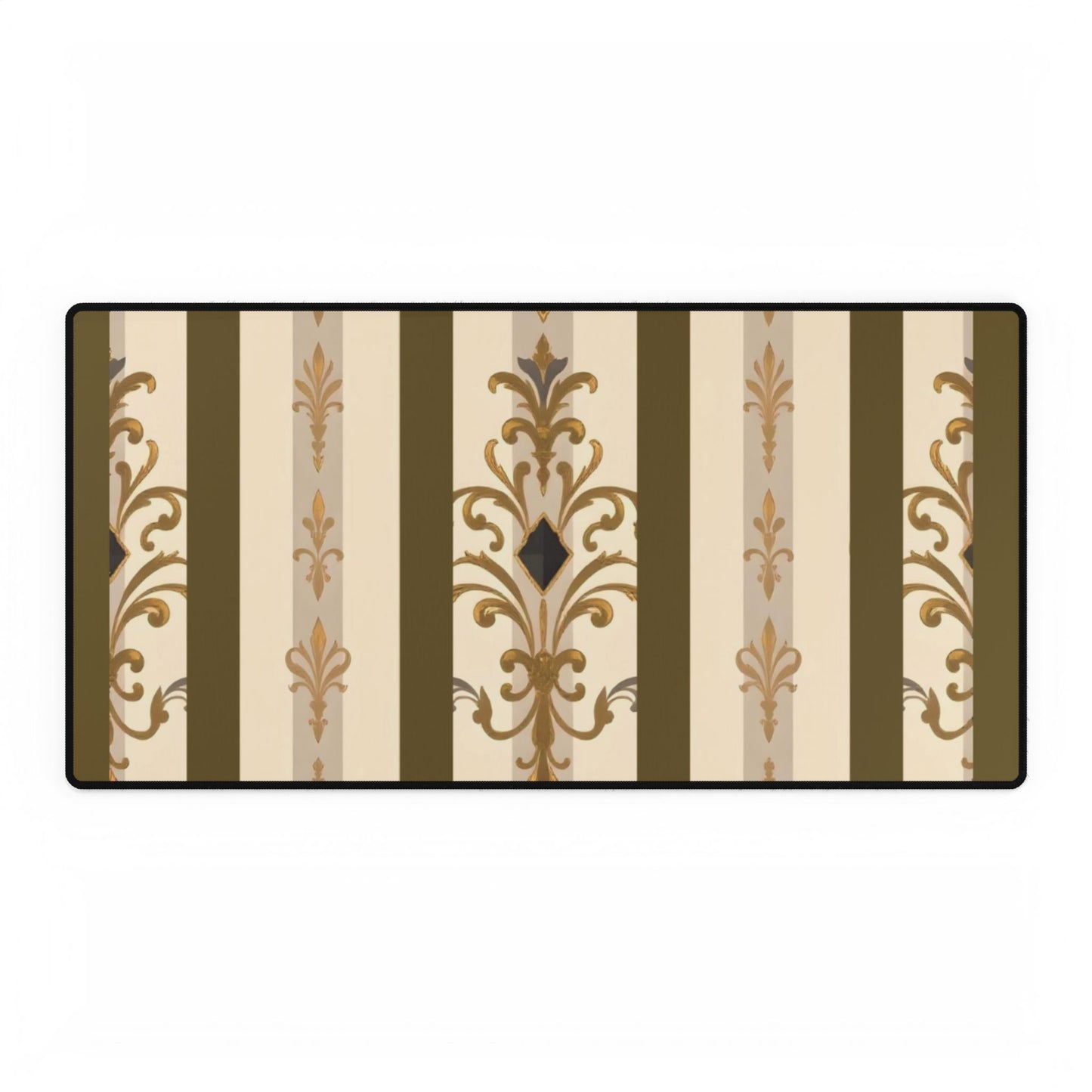 Elegant Floral Motif Desk Mat for Home Office Decor - Olive Striped Gold Damask
