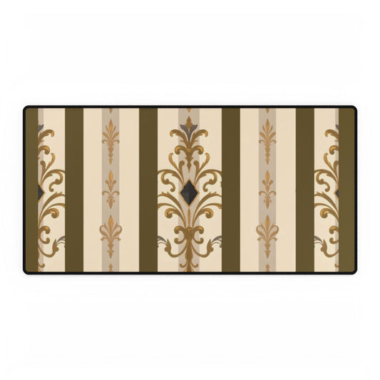Elegant Floral Motif Desk Mat for Home Office Decor - Olive Striped Gold Damask