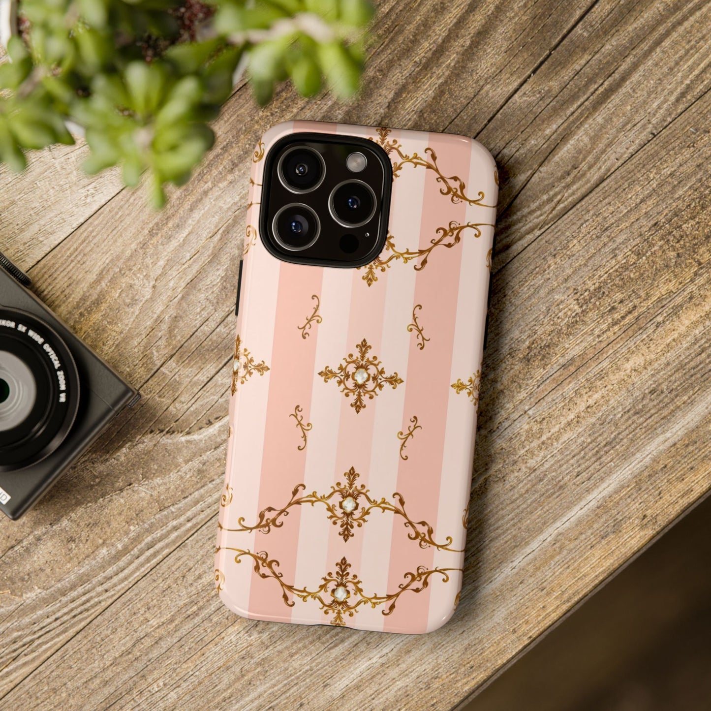 Elegant Floral Phone Case, Tough Cases for Women, Trendy Phone Cover, Chic Gift - Pink Jeweled Striped Gold Baroque