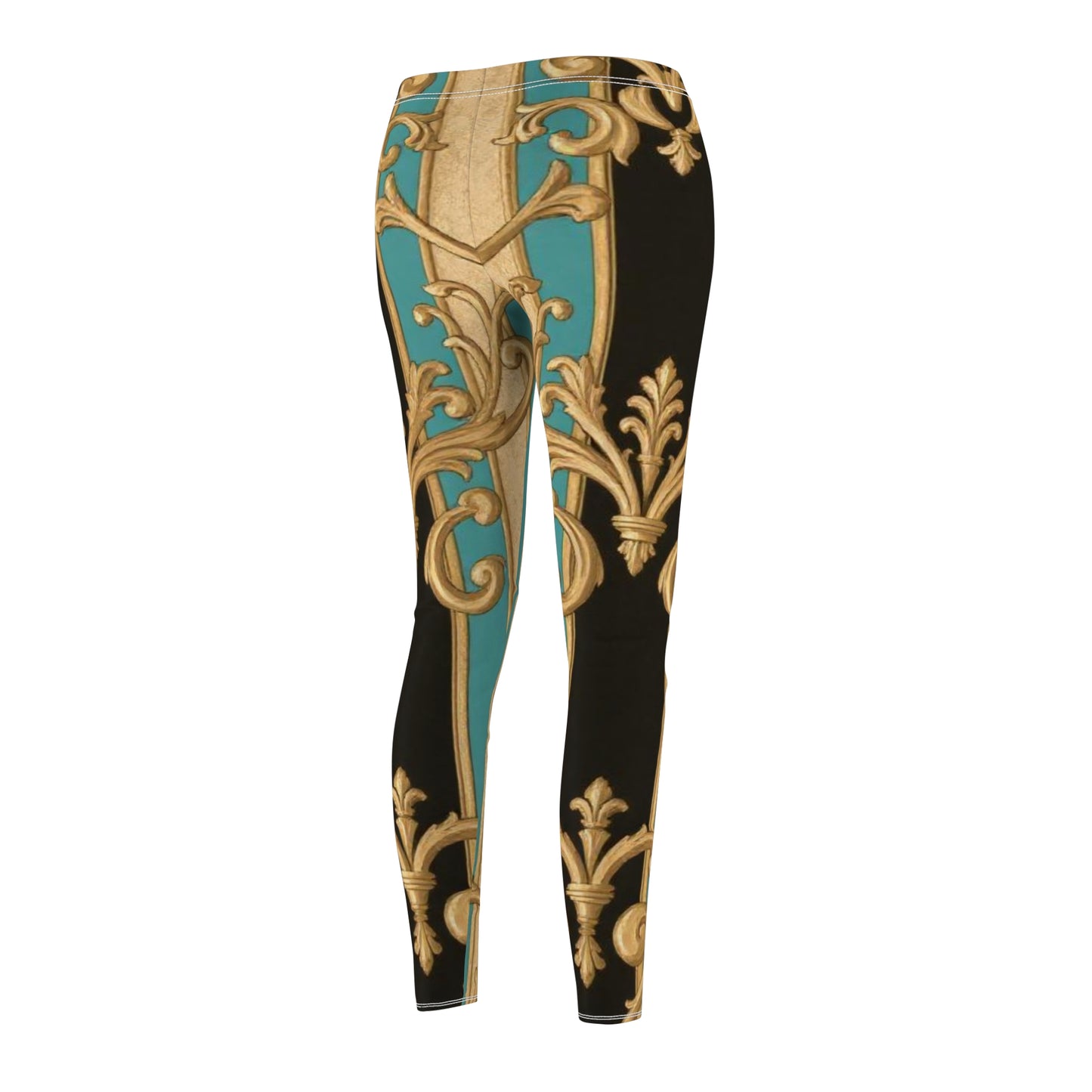 Black, Tan & Ocean Green Striped Gold Baroque Women's Leggings, Casual Stretch Pants, Fashionable Activewear, Unique Gift for Her
