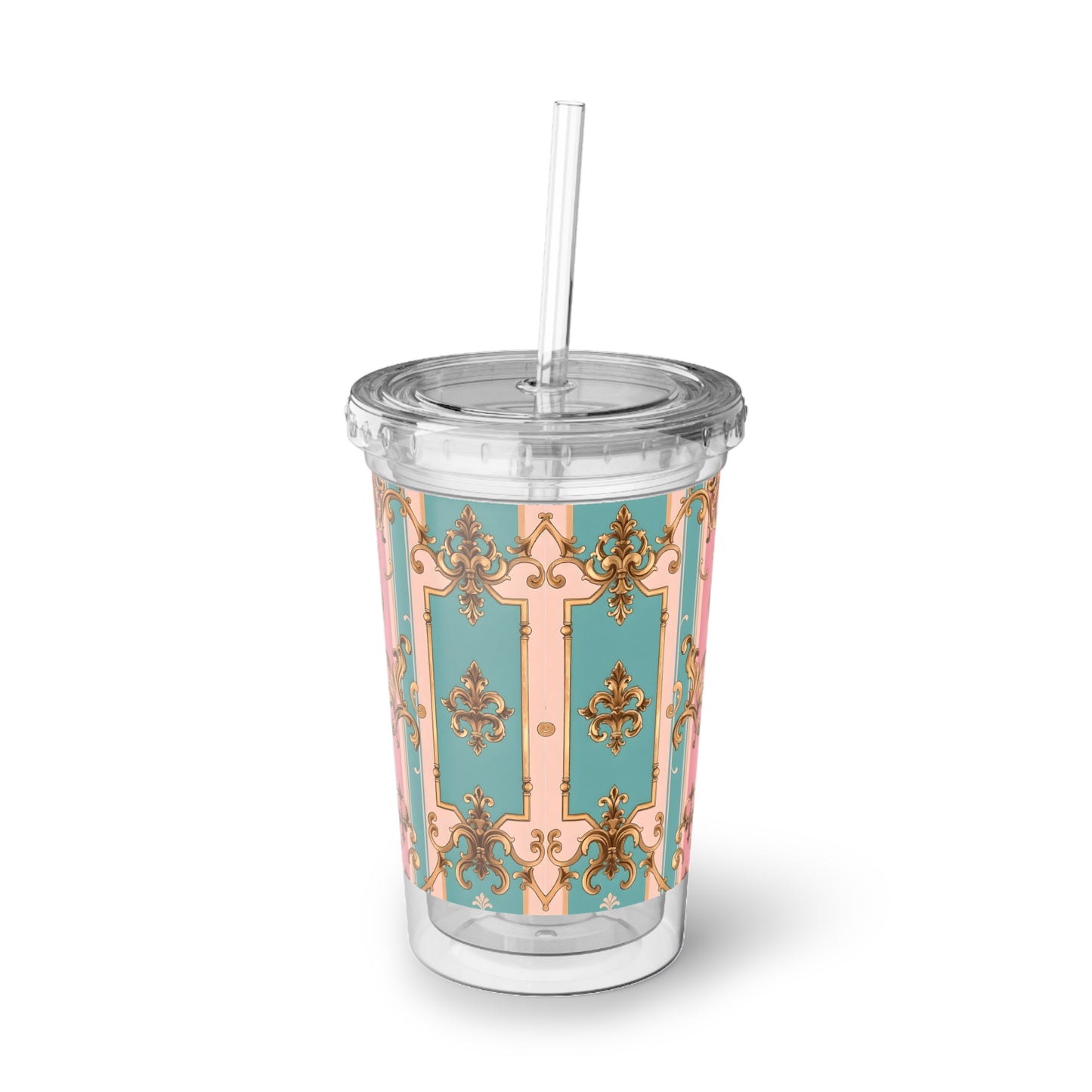 Chic Acrylic Cup, Stylish Drink Tumbler, Elegant Travel Mug, Unique Gift for Her, Floral Party Cup - Pink & Matte Turquoise Striped Rococo