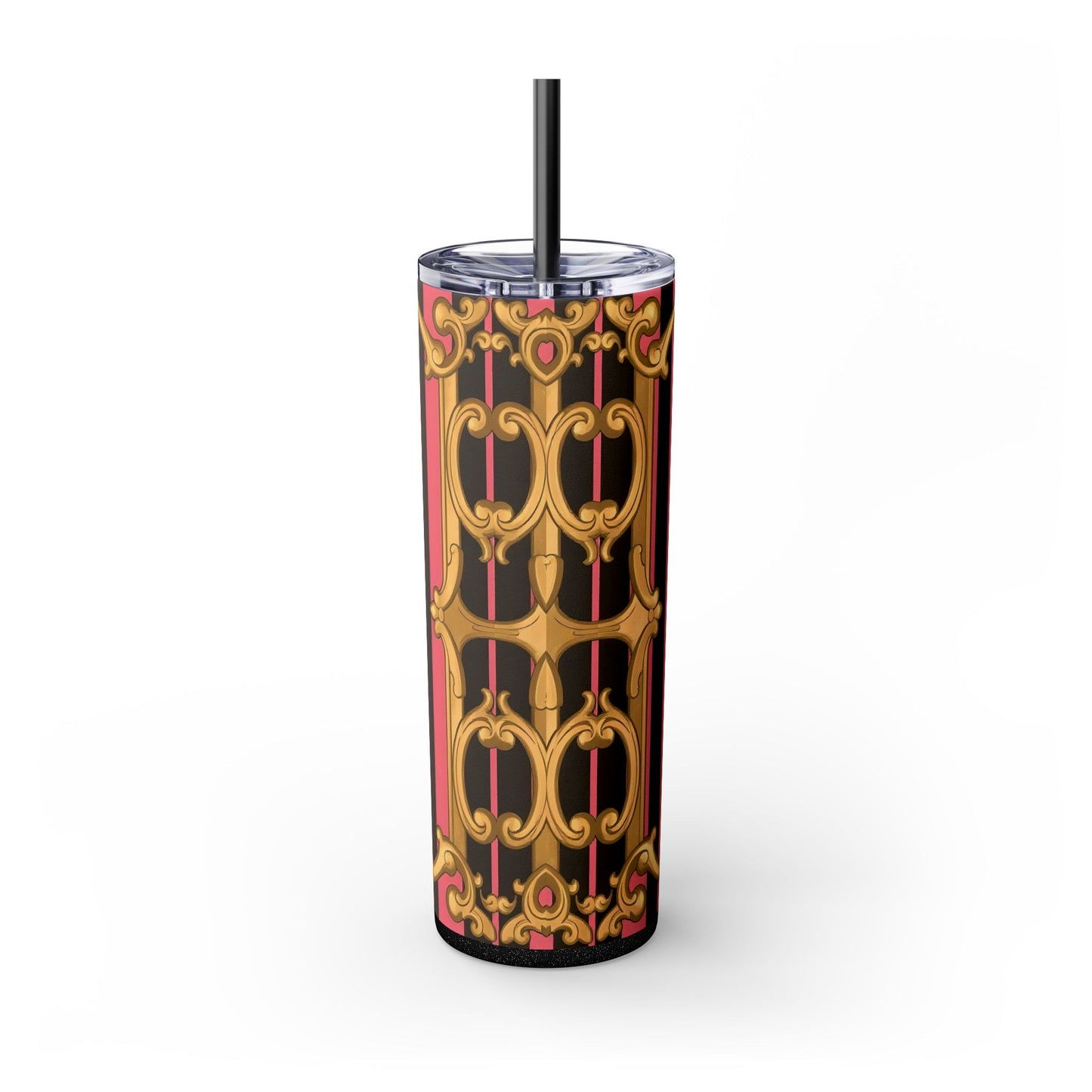 Chic Pink Striped Skinny Tumbler, 20oz | Elegant Travel Mug, Perfect Gift for Birthdays - Pink & Black Striped Gold Baroque