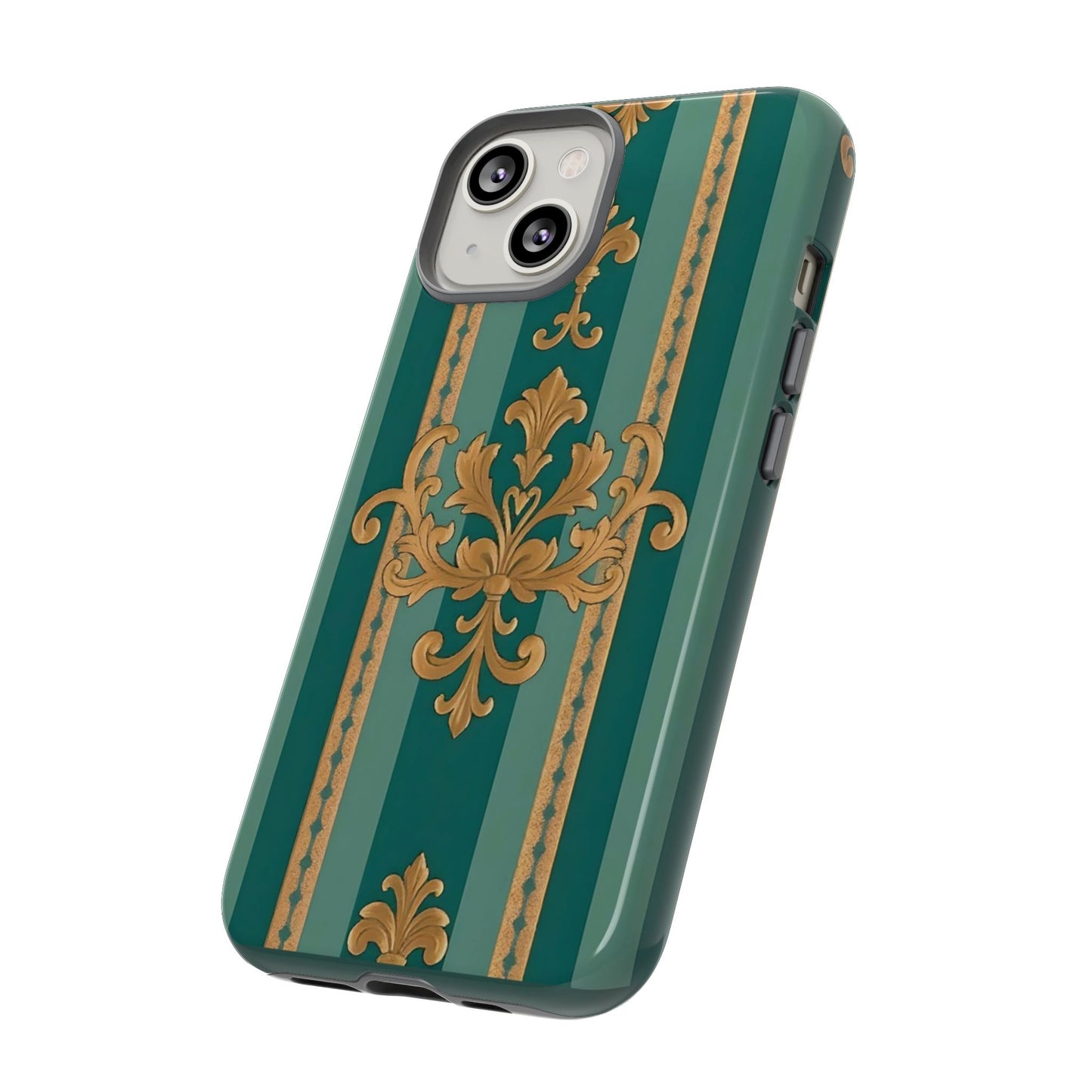 Elegant Floral Motif Phone Case - Tough Cases with Vintage Design - Teal Striped Gold Damask