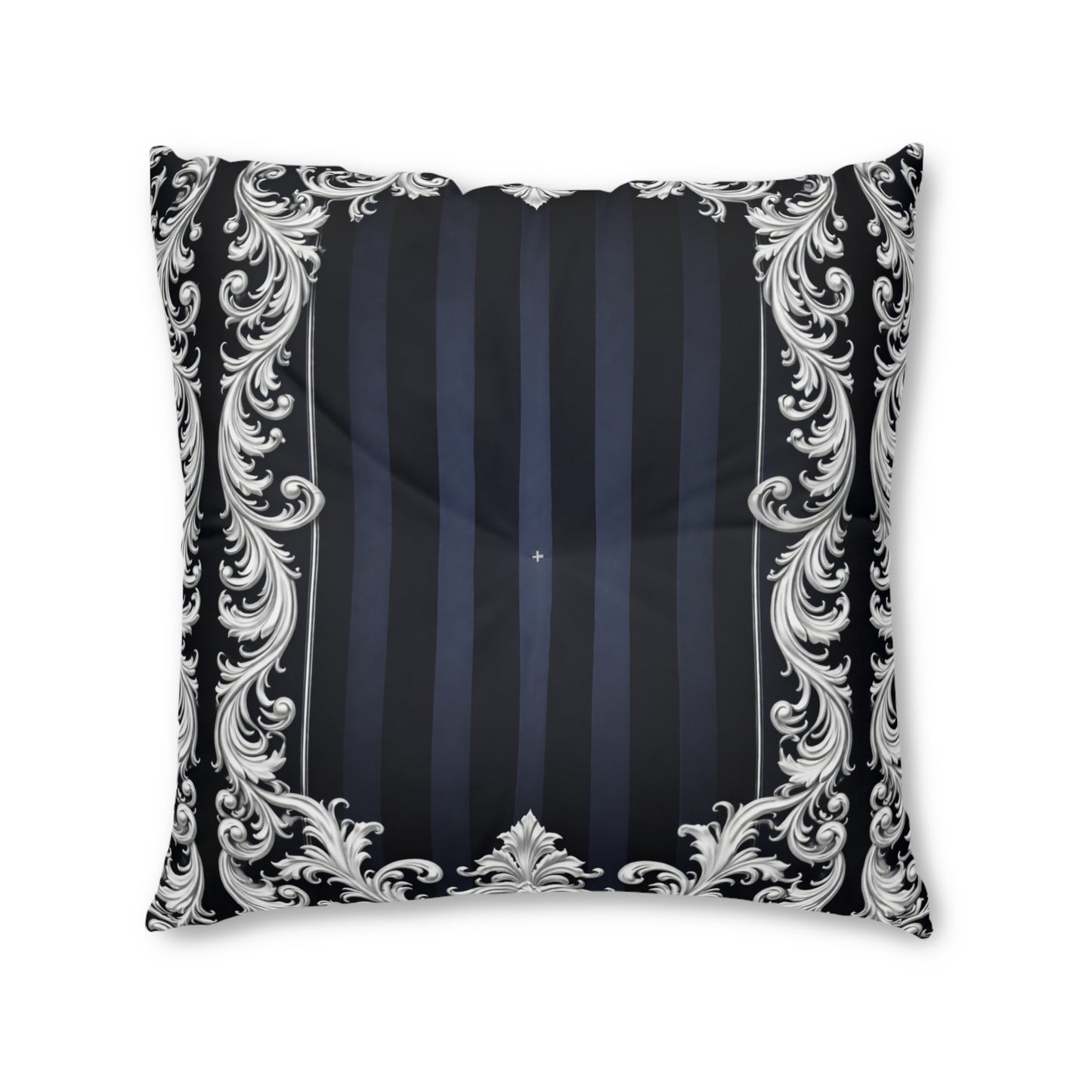 Navy Stripes & Baroque Tufted Floor Pillow — Luxurious Navy & Silver Decorative Cushion