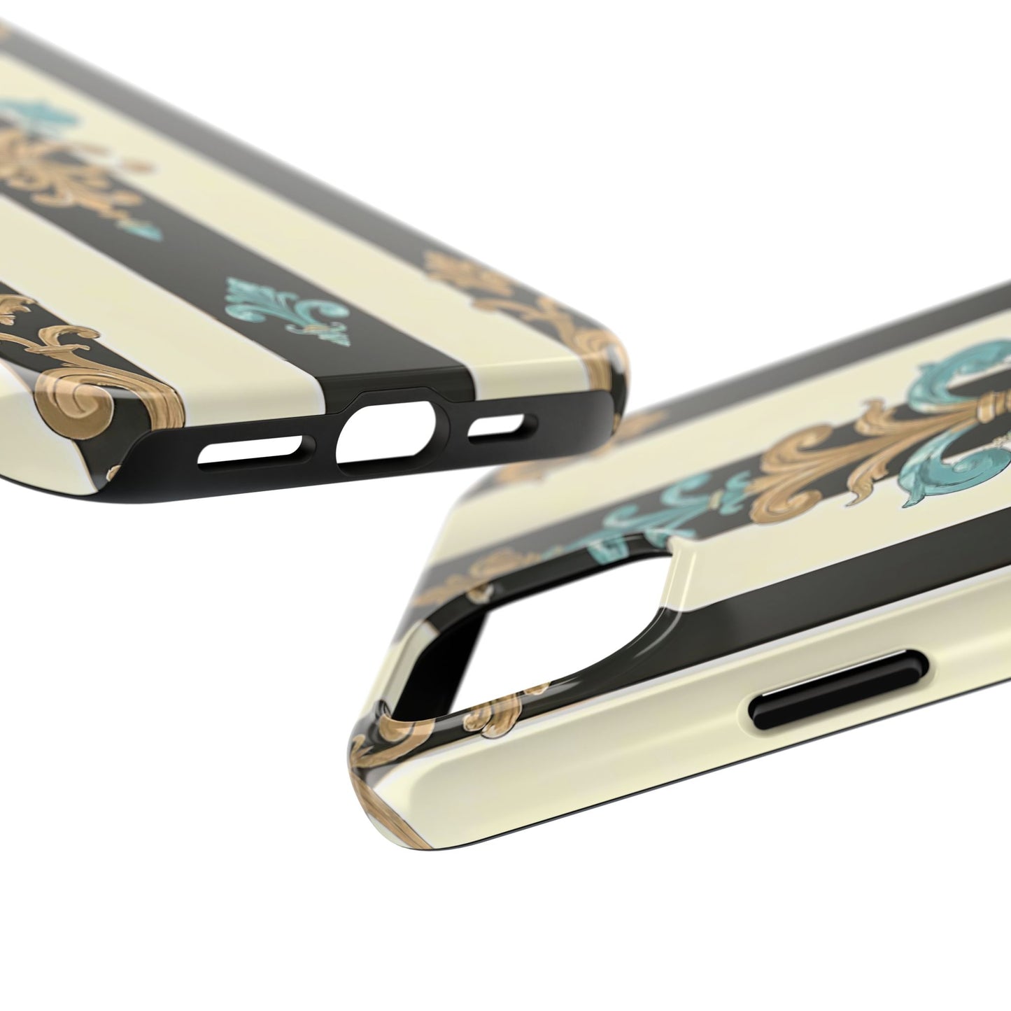 Elegant Vintage Tough Phone Cases, Stylish Phone Accessories, Quality Protection, Gifts for Her - Black Striped Turquoise & Black Rococo