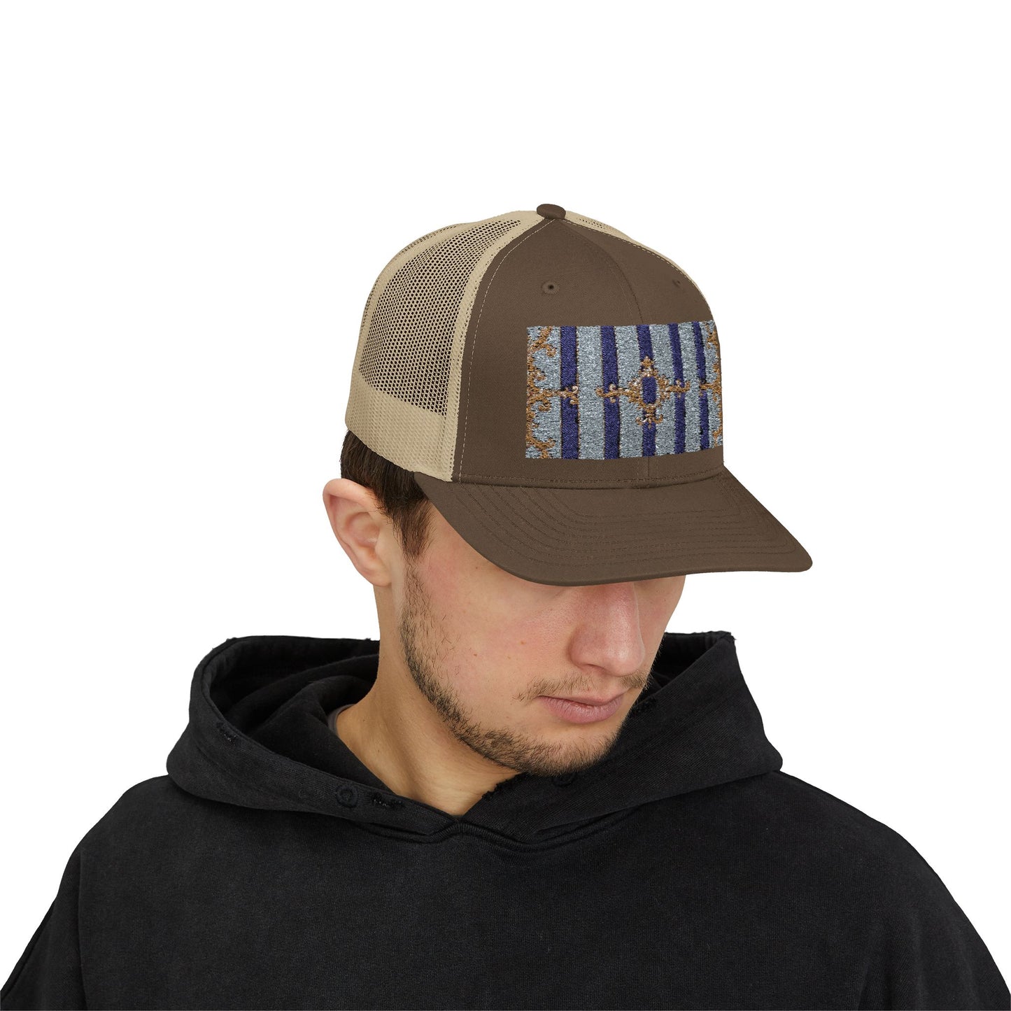 Stylish Snapback Trucker Cap with Vibrant Pattern, Trendy Hat for Outdoor Adventures, Casual Wear - Striped Gold Baroque