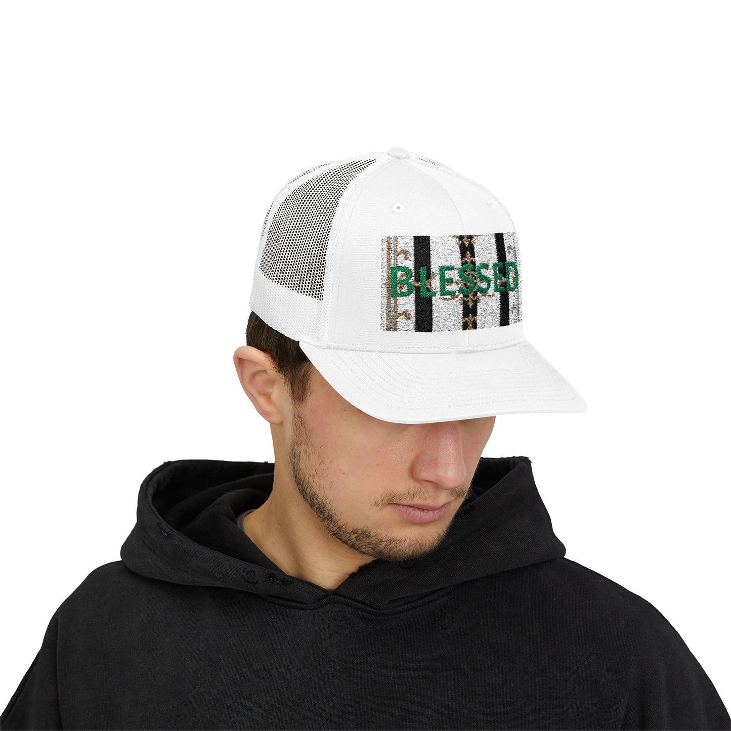 Blessed Snapback Trucker Cap | Casual Style, Outdoor Gear, Faith-Based Gift, Adjustable Hat, Everyday Fashion - Black & White Striped Gold Baroque