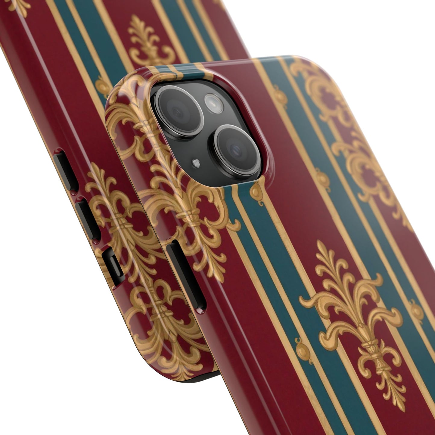 Elegant Vintage Tough Phone Case, Luxury Phone Protection, Stylish Phone Cover, Durable Phone Accessory - Burgundy Striped Gold Baroque