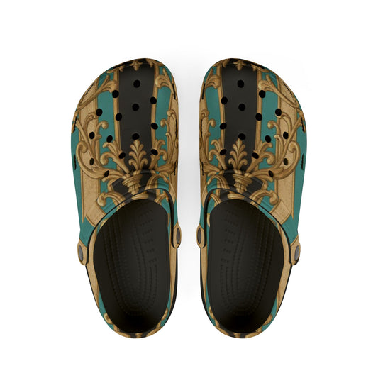 Stylish Black, Tan & Ocean Green Striped Gold Baroque  EVA Foam Rubber Clogs, Trendy Garden Shoes, Fashionable Slip-Ons