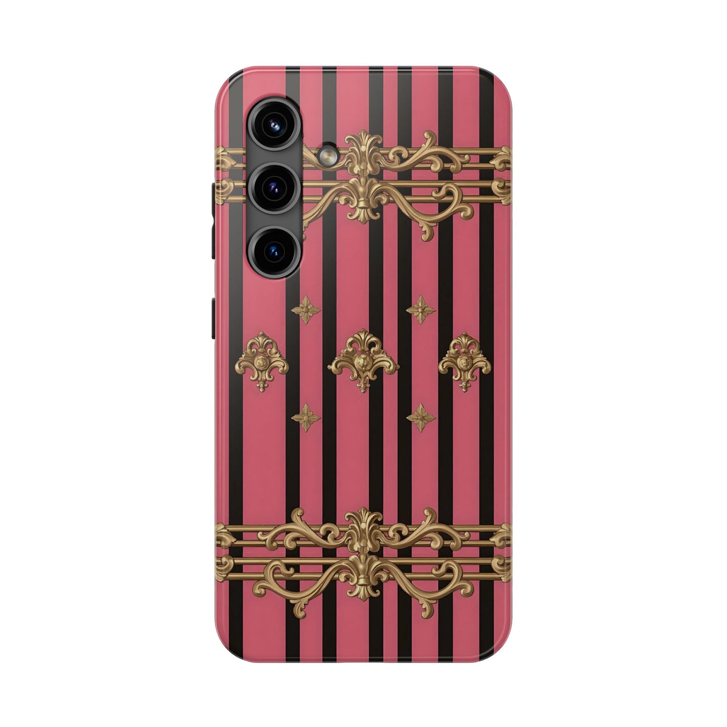 Elegant Floral Phone Cases, Stylish Protective Case for Trendy Individuals, Unique Gift for Tech Lovers, Phone Accessories - Pink Striped Gold Rococo