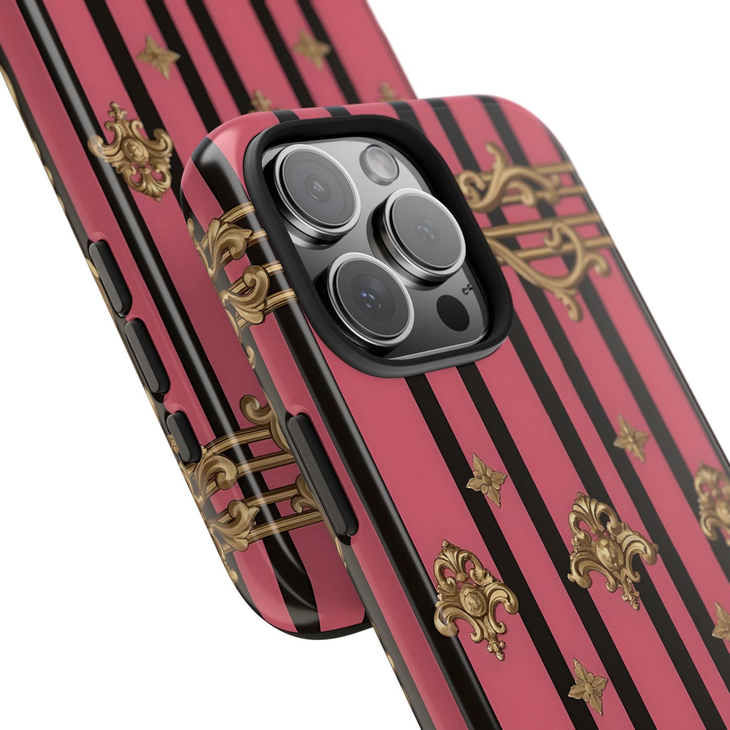 Elegant Floral Phone Cases, Stylish Protective Case for Trendy Individuals, Unique Gift for Tech Lovers, Phone Accessories - Pink Striped Gold Rococo