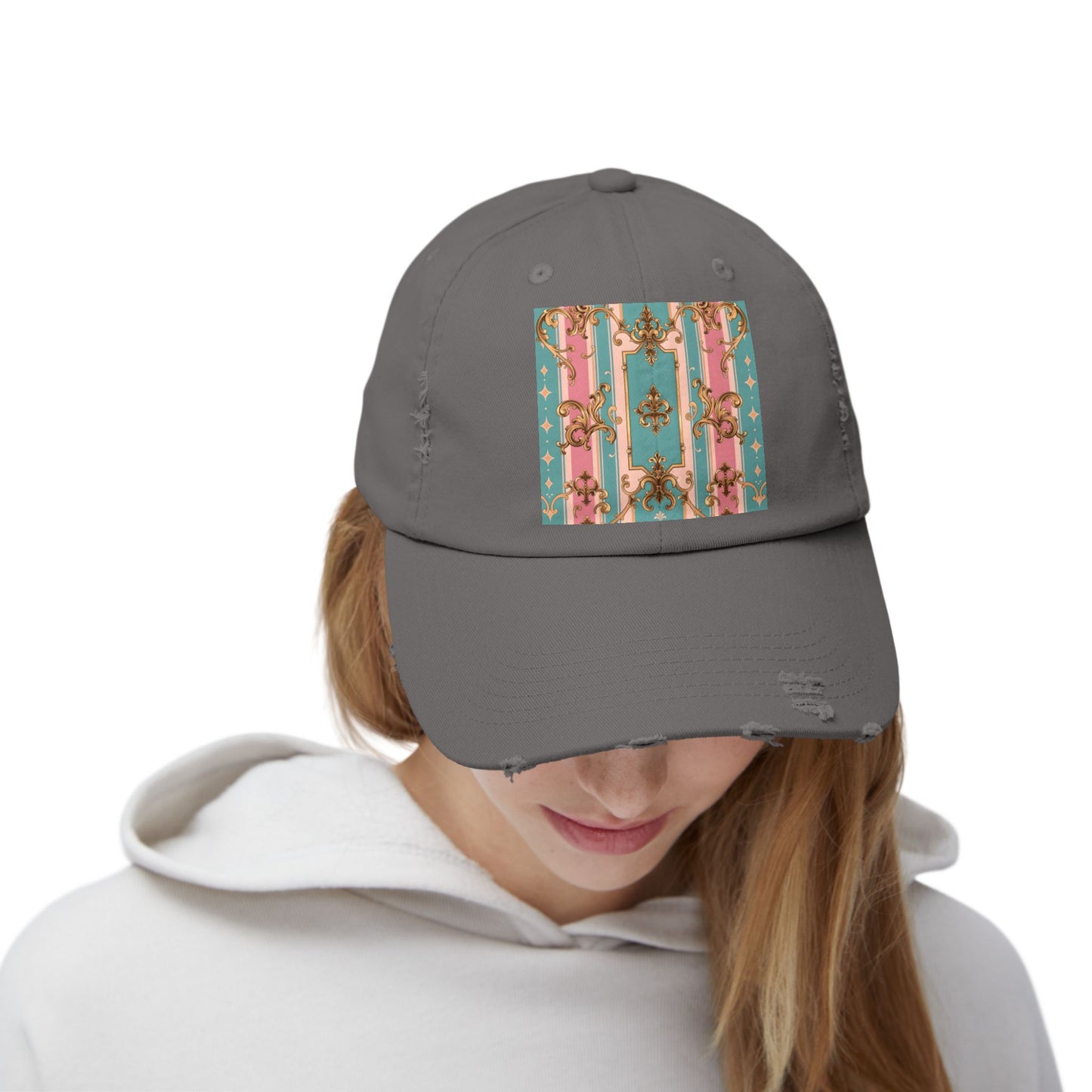 Stylish Unisex Distressed Cap with Floral Pattern, Casual Hat, Trendy Headwear, Summer Accessory - Pink & Matte Turquoise Striped Rococo