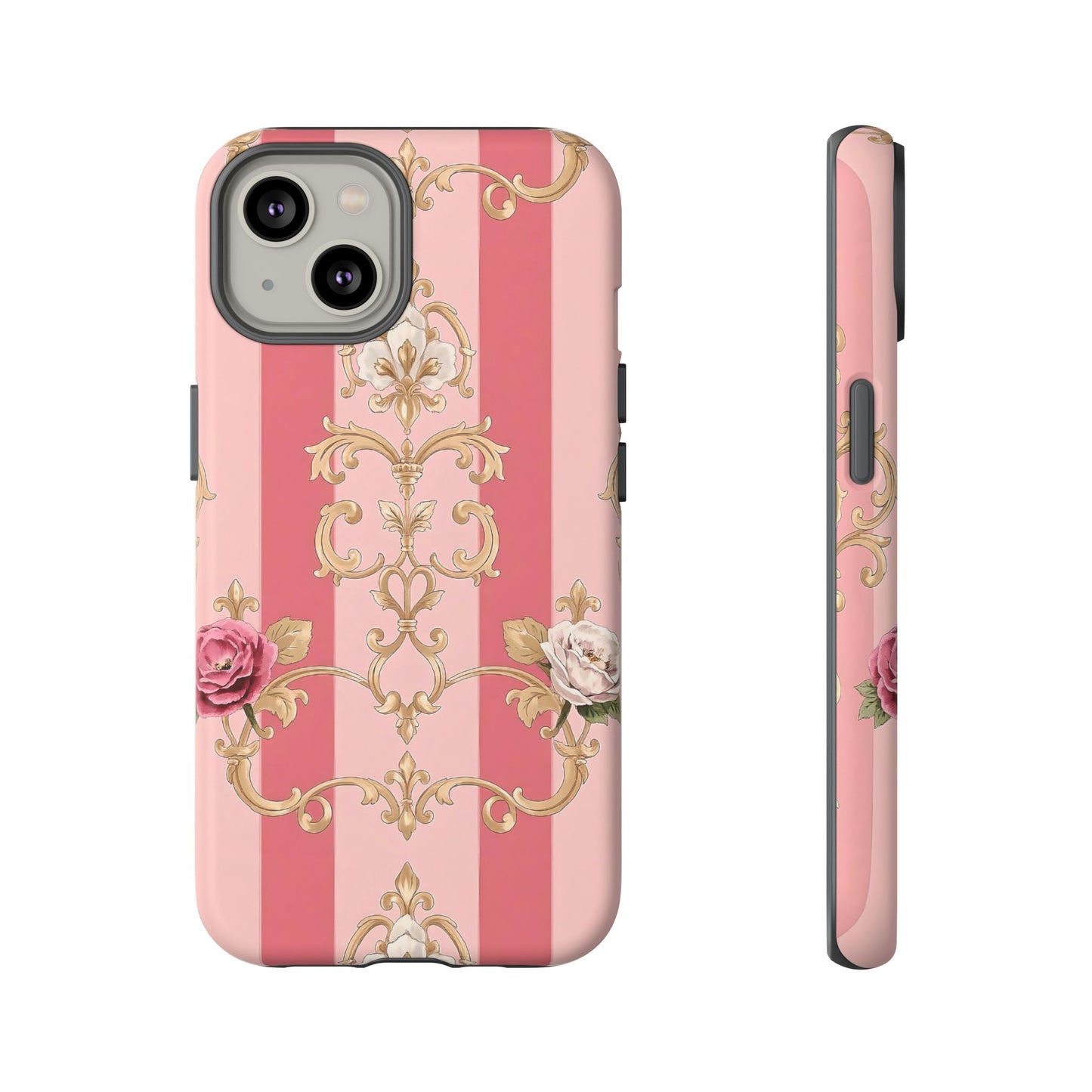 Elegant Floral Motif Phone Case - Tough Cases with Vintage Design - Pink Striped Roses & Damask