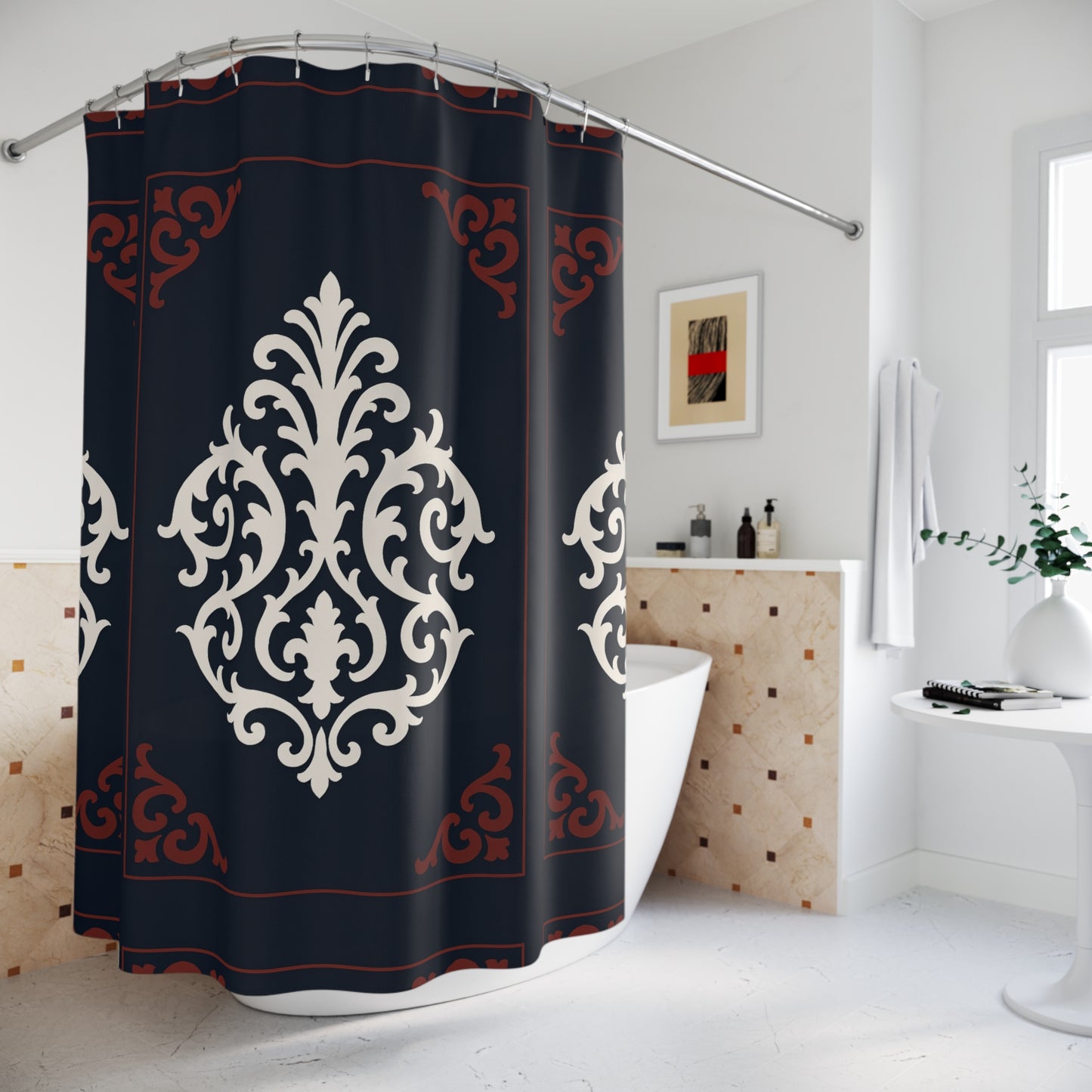 Dusk Blue-Maroon & White Baroque Shower Curtain — Elegant Dusk Blue & White Classic Bathroom Decor