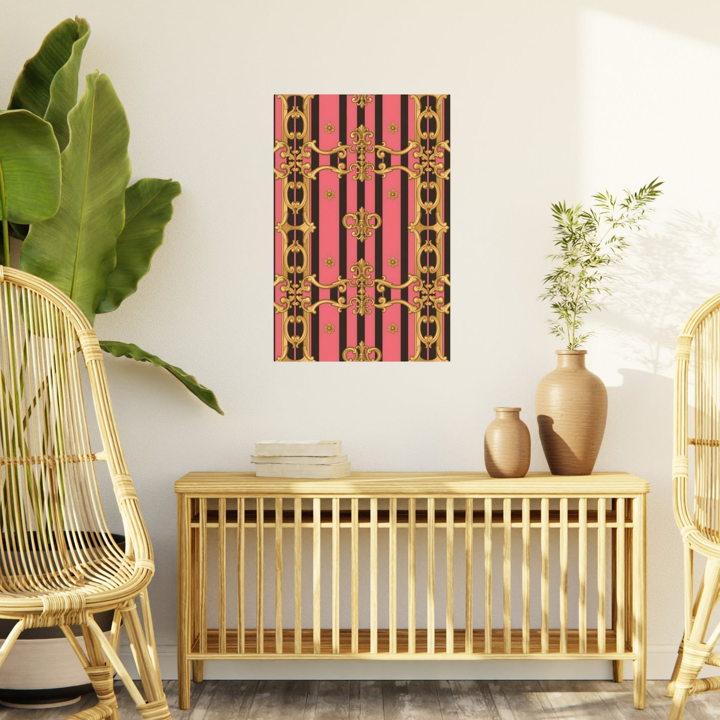 Elegant Decorative Foam Board - Chic Wall Decor, Glam Home Art, Stylish Backdrop, Gift for Her - Pink & Black Striped Gold Baroque