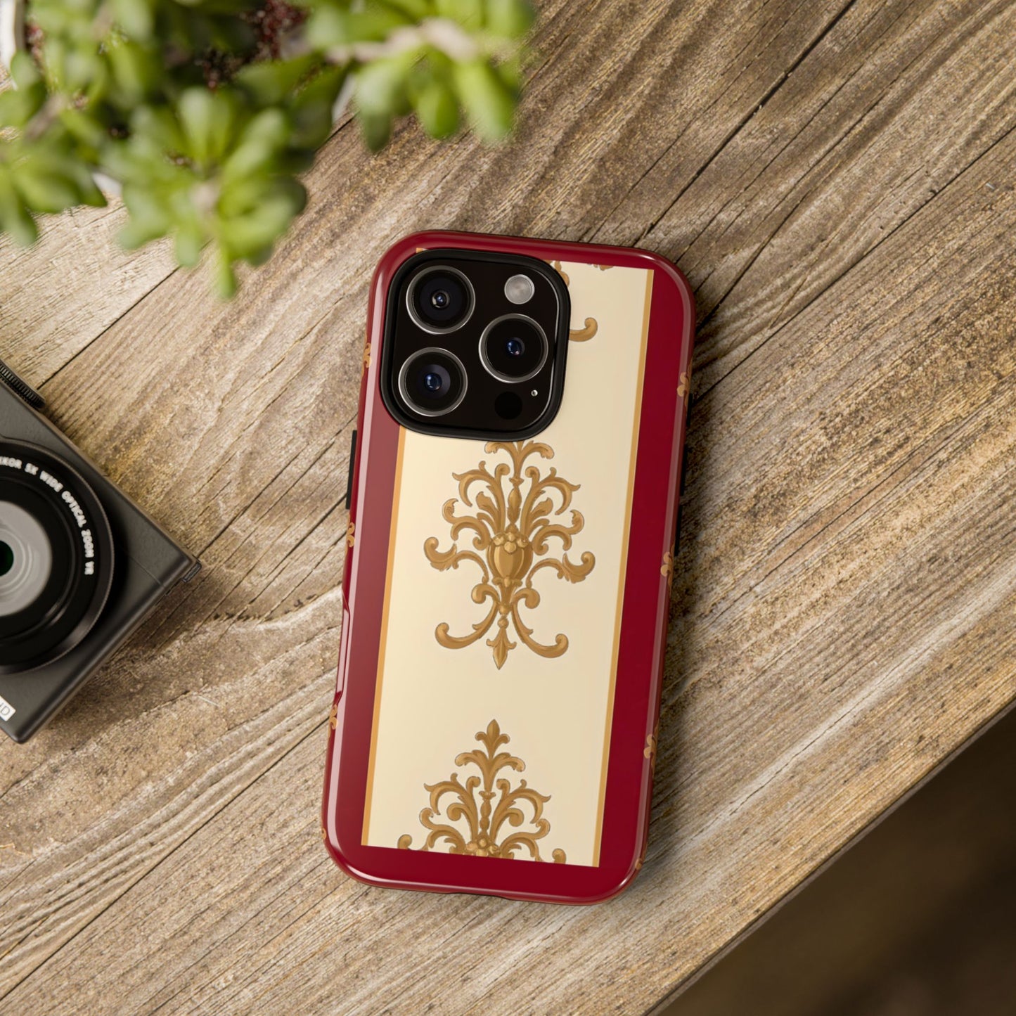 Elegant Floral Motif Phone Case - Tough Cases with Vintage Design - Dusk Red Striped Gold Damask