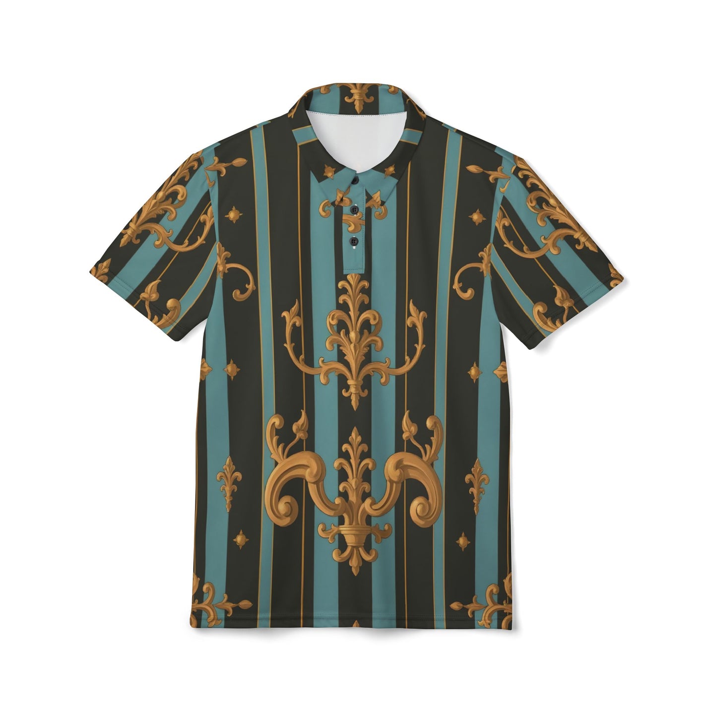 Chic Patterned Unisex Polo Shirt | Stylish Casual Wear, Summer Fashion, Trendy Gift, Parties, Unique Print - Black & Turquoise Striped Baroque