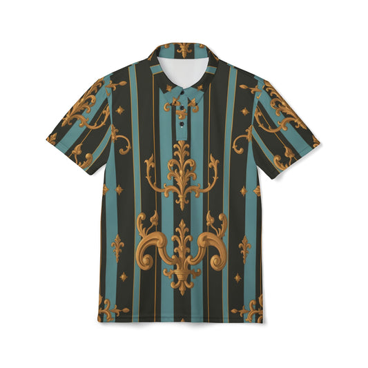 Chic Patterned Unisex Polo Shirt | Stylish Casual Wear, Summer Fashion, Trendy Gift, Parties, Unique Print - Black & Turquoise Striped Baroque