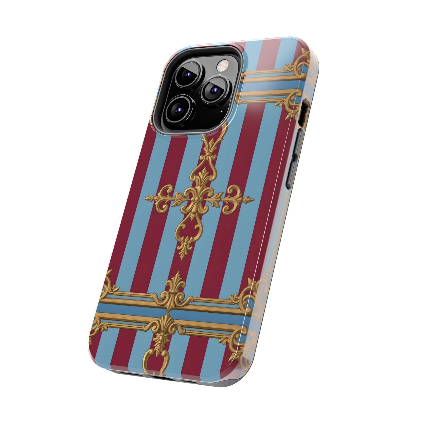 Elegant Patterned Tough Phone Cases, Stylish Phone Cover, Durable Phone Protection, Unique Gift Idea - Sky Blue & Maroon Striped Baroque