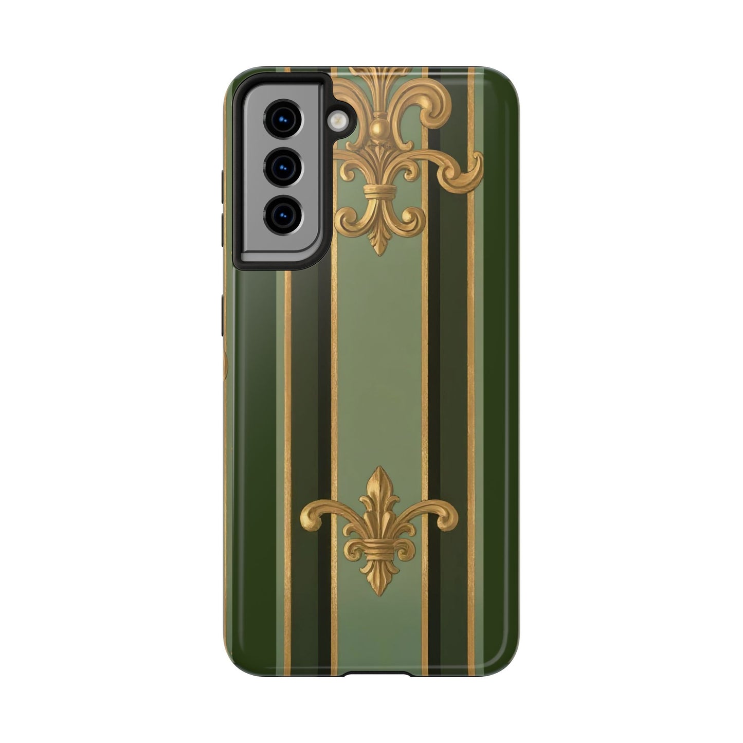 Elegant Tough Phone Cases - Baroque Design, Durable Cell Phone Covers, Unique Gifts for Her, Holiday Gifts - Green Striped Gold Baroque