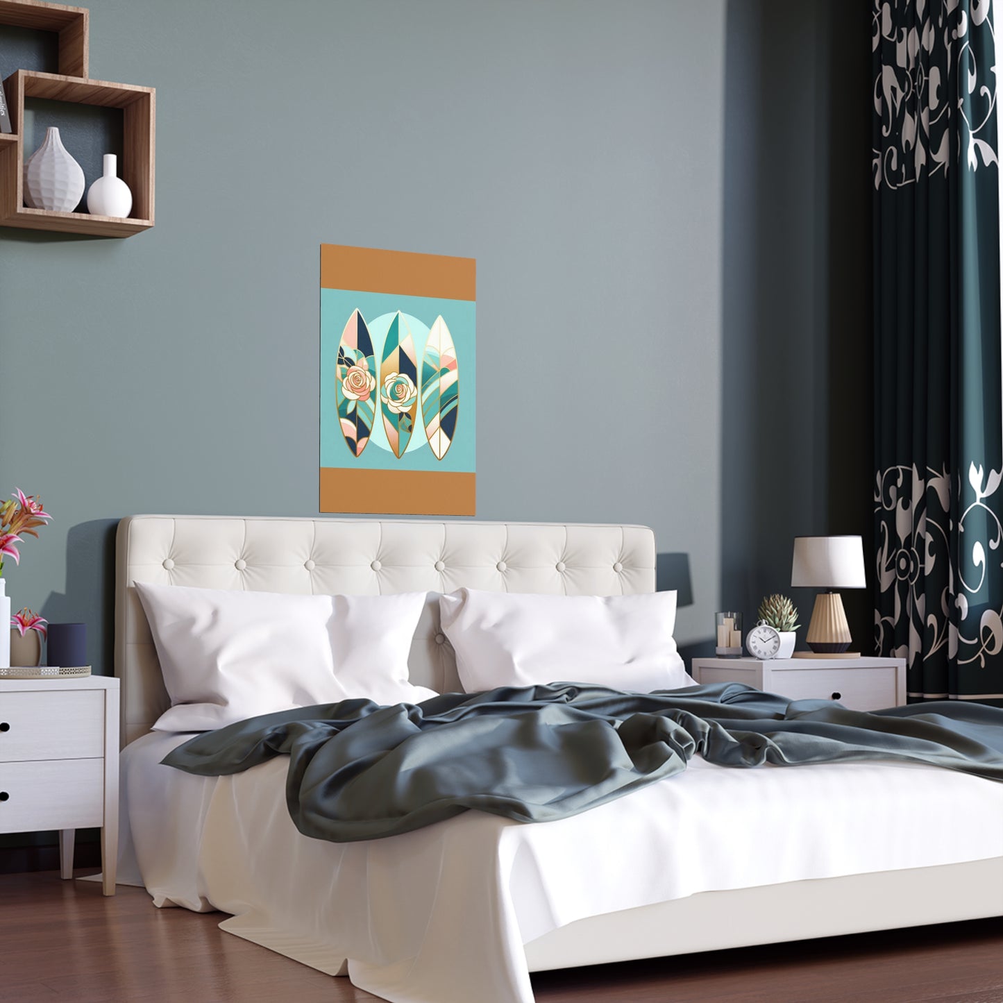 Elegant Floral Silk Poster - Indoor/Outdoor Wall Art for Home Decor - Blue, Pink & Aqua Surfboard & Roses