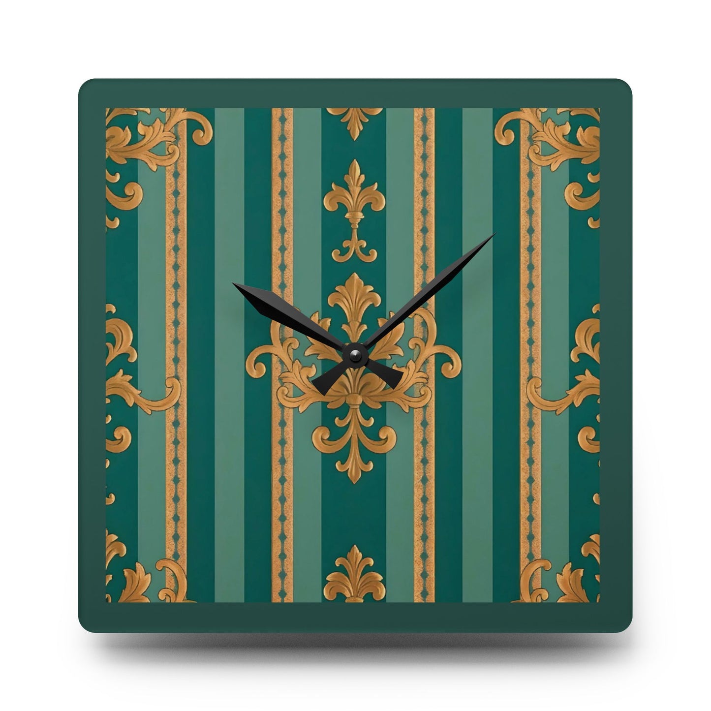 Bohemian Damask-Inspired Acrylic Wall Clock with Floral Design - Teal Striped Gold Damask