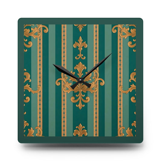 Bohemian Damask-Inspired Acrylic Wall Clock with Floral Design - Teal Striped Gold Damask
