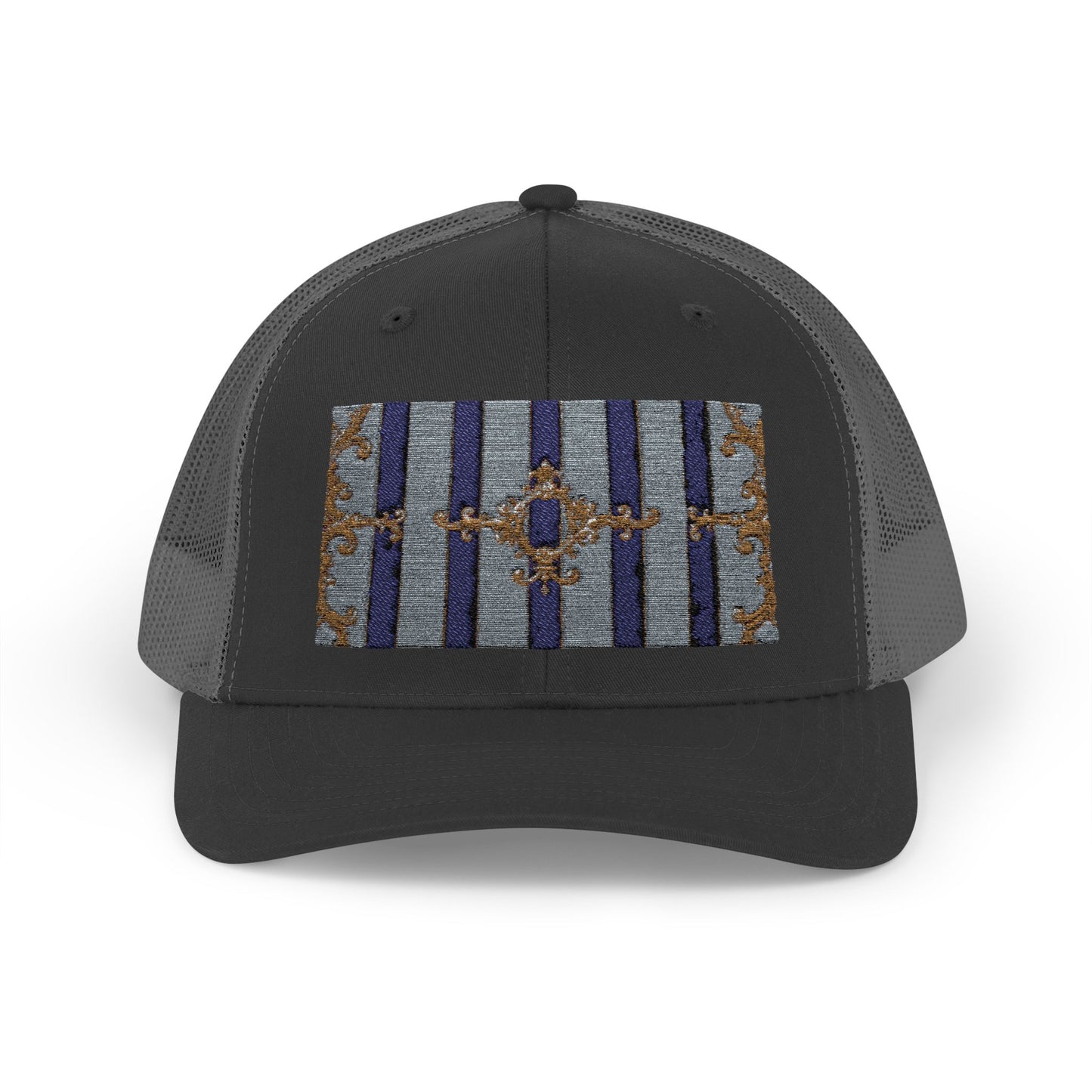 Stylish Snapback Trucker Cap with Vibrant Pattern, Trendy Hat for Outdoor Adventures, Casual Wear - Striped Gold Baroque