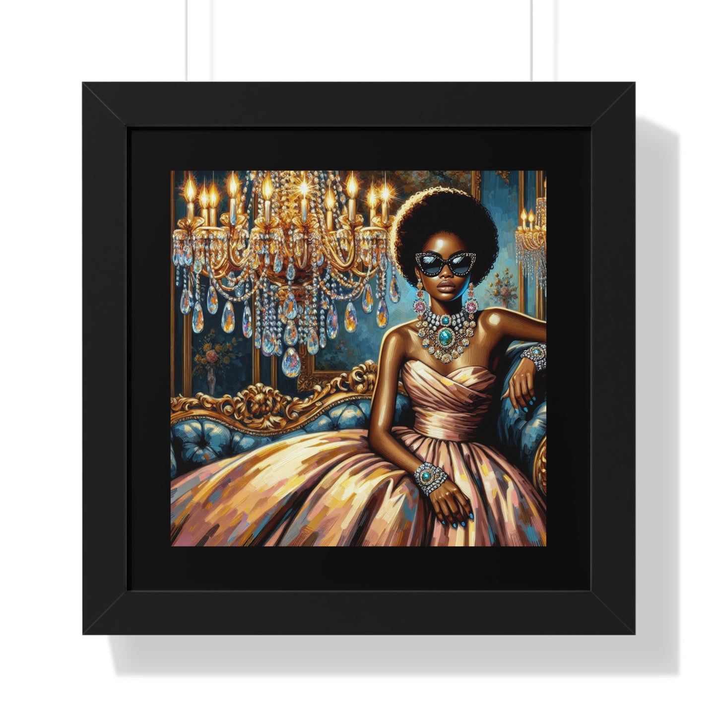 Elegant Framed Art Print | Chic Home Décor, Wall Art for Living Room, Unique Gift, Glamorous Aesthetic, Fashionable - Elegant Lady & Chandelier