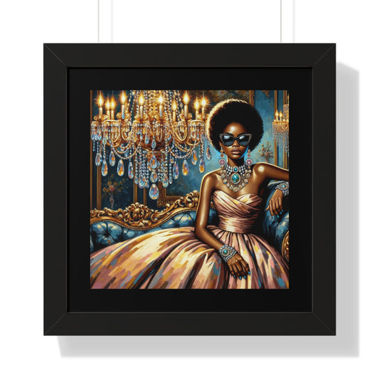 Elegant Framed Art Print | Chic Home Décor, Wall Art for Living Room, Unique Gift, Glamorous Aesthetic, Fashionable - Elegant Lady & Chandelier