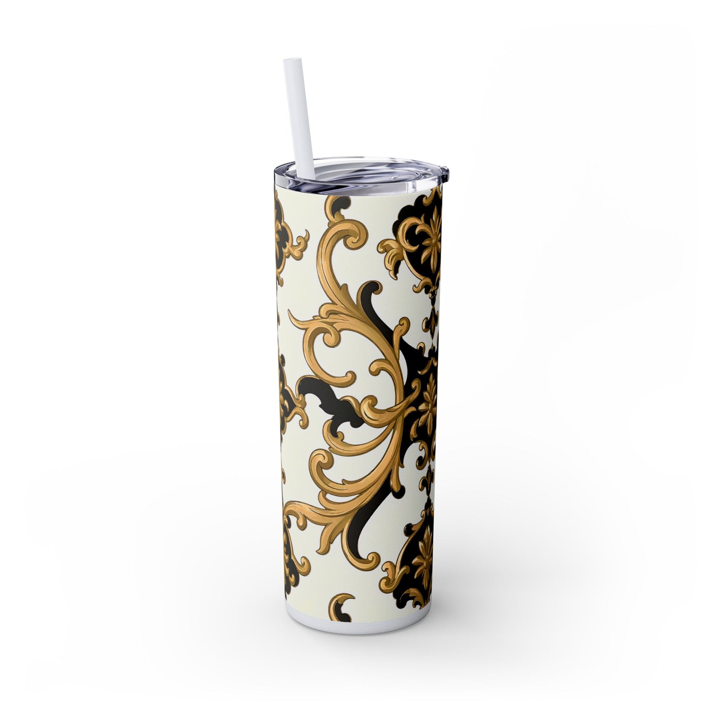 Elegant Gold Floral Skinny Tumbler, 20oz | Insulated Cup for Hot & Cold Drinks, Travel Mug, Gift for Mom, Stylish Drinkware - Black & Gold Rococo