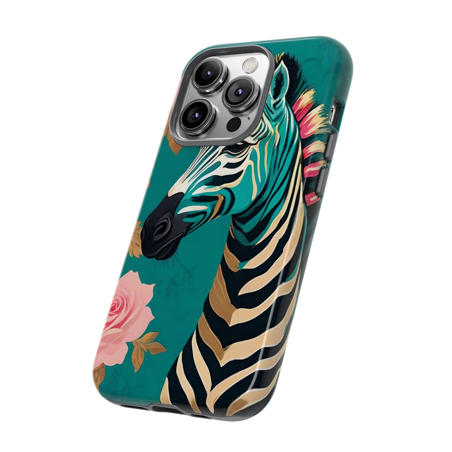 Phone Case - Elegant Teal & Gold Zebra & Roses Design