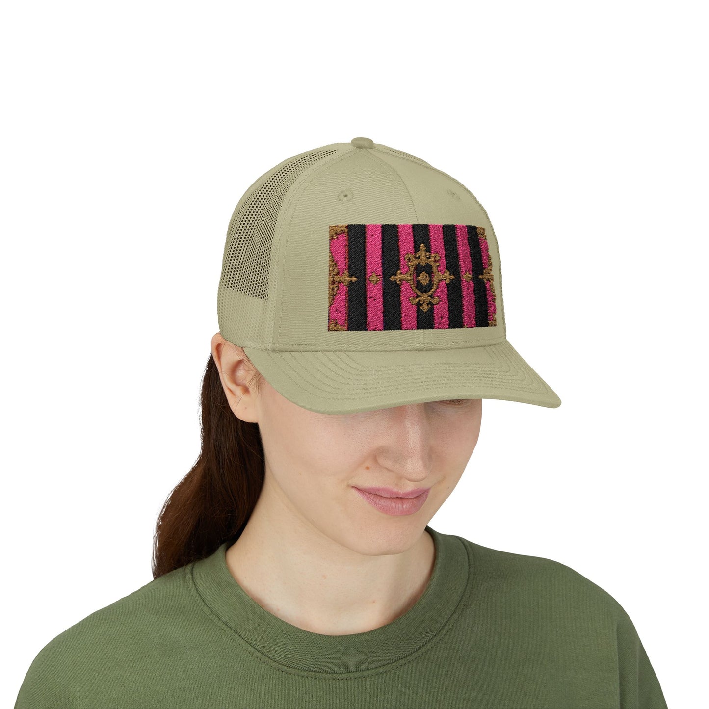 Stylish Snapback Trucker Cap with Black & Mauve Striped Gold Baroque, Trendy Fashion Hat, Perfect Gift for Him/Her