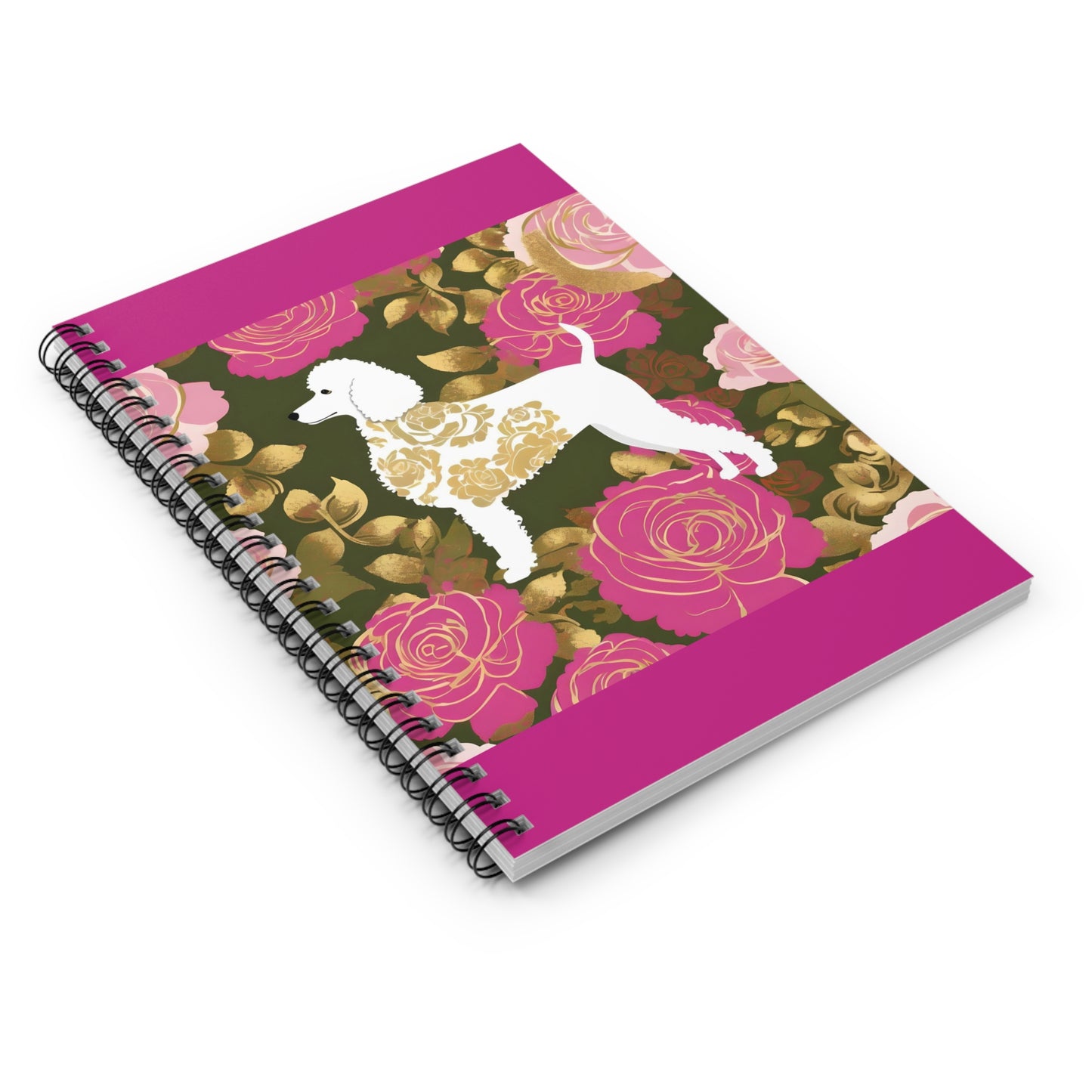Elegant Vintage Spiral Notebook - Ruled Line with Damask White Poodle In Olive & Pink Roses