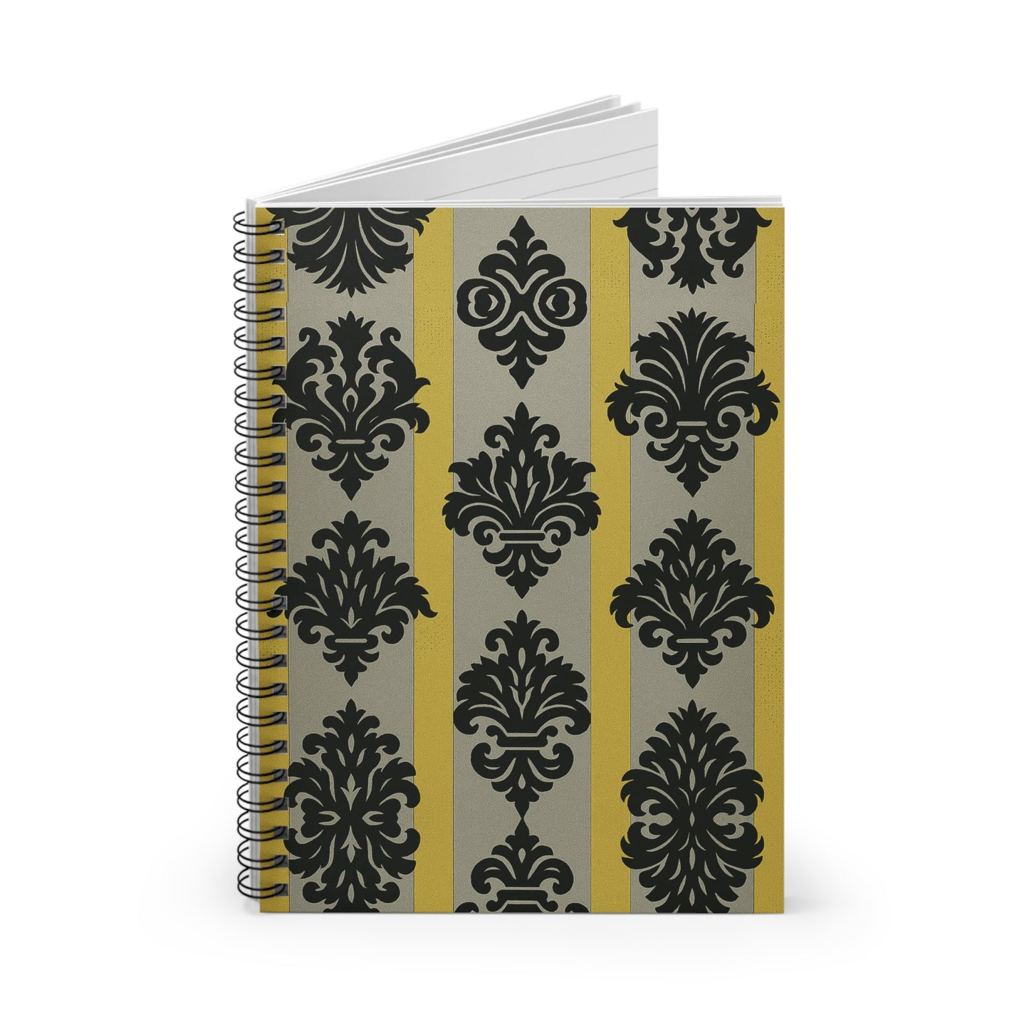 Elegant Baroque Spiral Notebook, Stylish Journal, Gift for Writers, School Supplies, Note Taking - Silver & Gold Striped Black Baroque